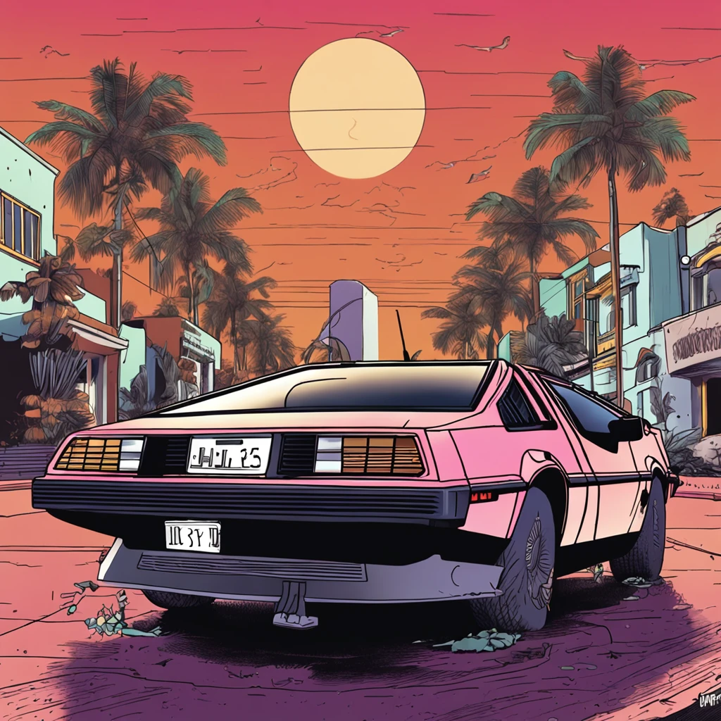 A Delorean back to the future retro sci-fi car parked in the California neighborhood, no estilo hustlewave, 1980s, Post-Internet aesthetics, Onda de recife, Wet core, Transvanguardista, infantil