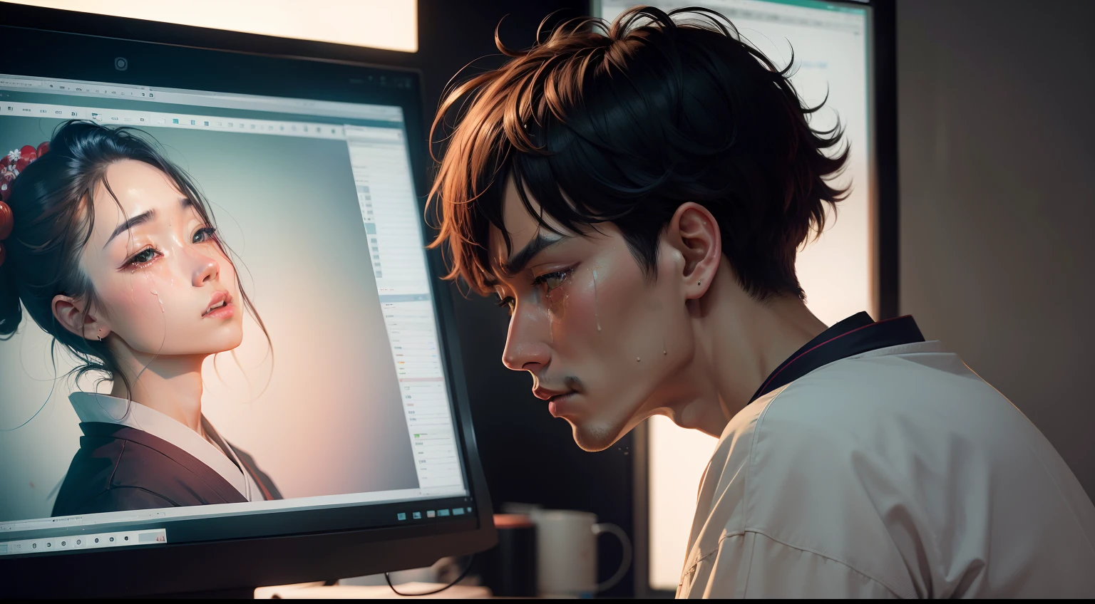 (Digital Painting)、(top-quality)、Man crying in front of a monitor、One Man Goes Crazy、The monitor only shows exchange rate charts、There is a monitor and a man in the room、People with Japan々break down crying、One brown-skinned beauty、FX、exchange、Ukiyo-e Art Style、Hokusai's inspiration、Popular deviant art、8K Ultra Real、Pastel Color Schemes、Soft lighting、hopelessness