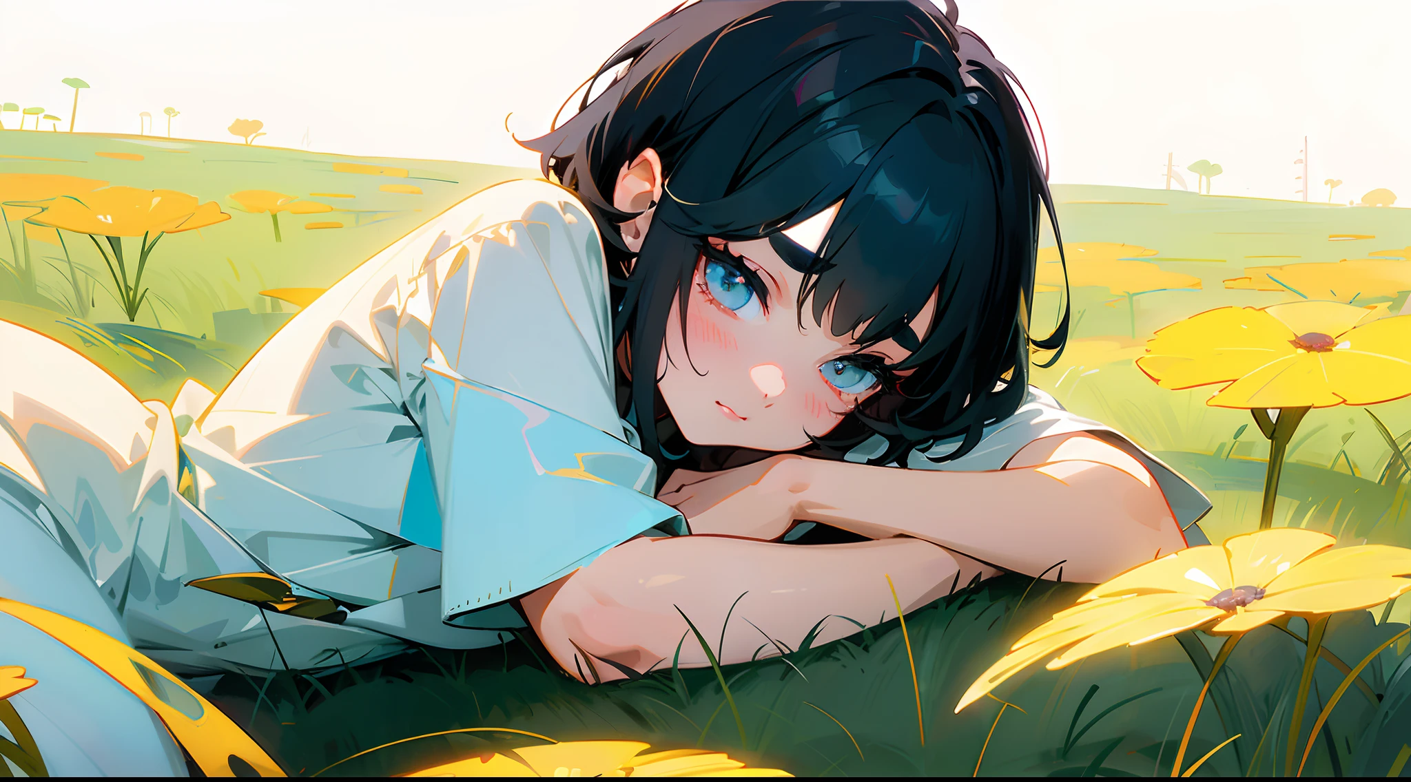 Original Characters、Wide angle shot、Volume Lighting、Best Shadows、Shallow depth of field、Portrait of an amazingly beautiful girl、Delicate beautiful attractive face with petite and seductive eyes、Little girl sleeping in the meadow、Sharp Eyebrows、Black Hair Shortcut Hair、Blush Eyeshadow、Shining eyes、Dark eyelashes、Rough look、Slim waist、(top-quality、Superb Detail:1.25)、(独奏:1.3)、Brilliant Colorful Paintings