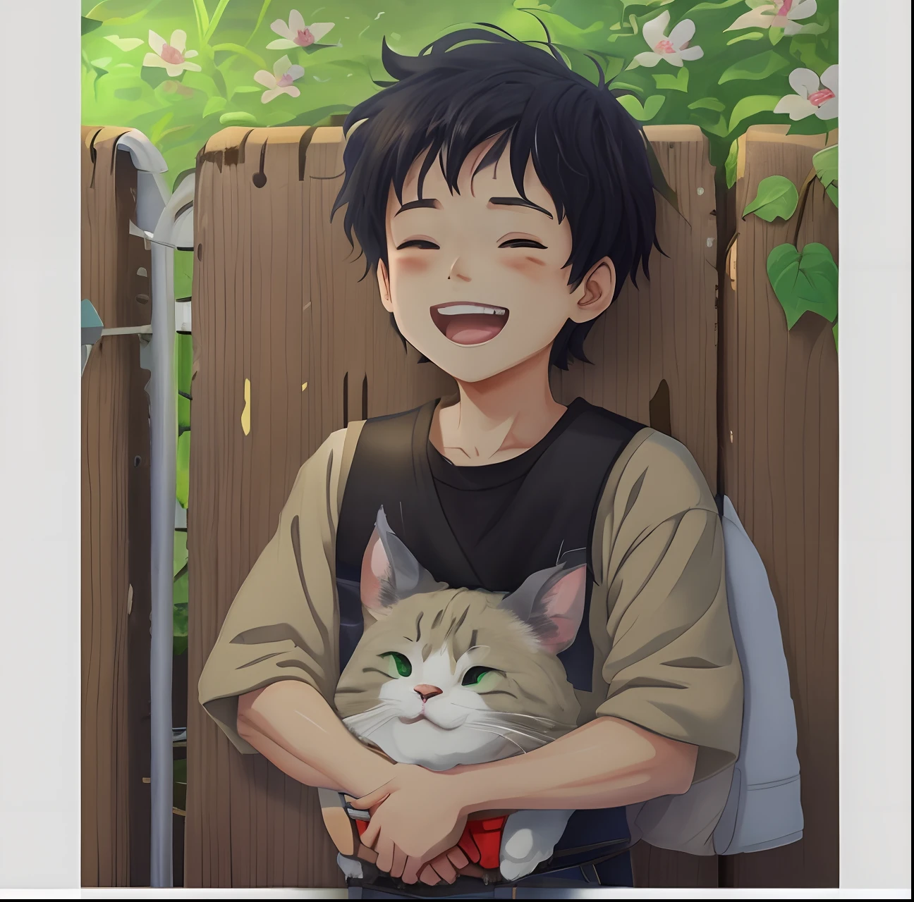 anime boy holding a cat in his arms in front of a fence, he is very happy, anime picture, in anime style, in an anime style, anime realism style, realistic anime 3 d style, style in ghibli anime style, cute anime, he is smiling, style in ghibli anime, ruan cute vtuber, made with anime painter studio, he is happy, 8k,