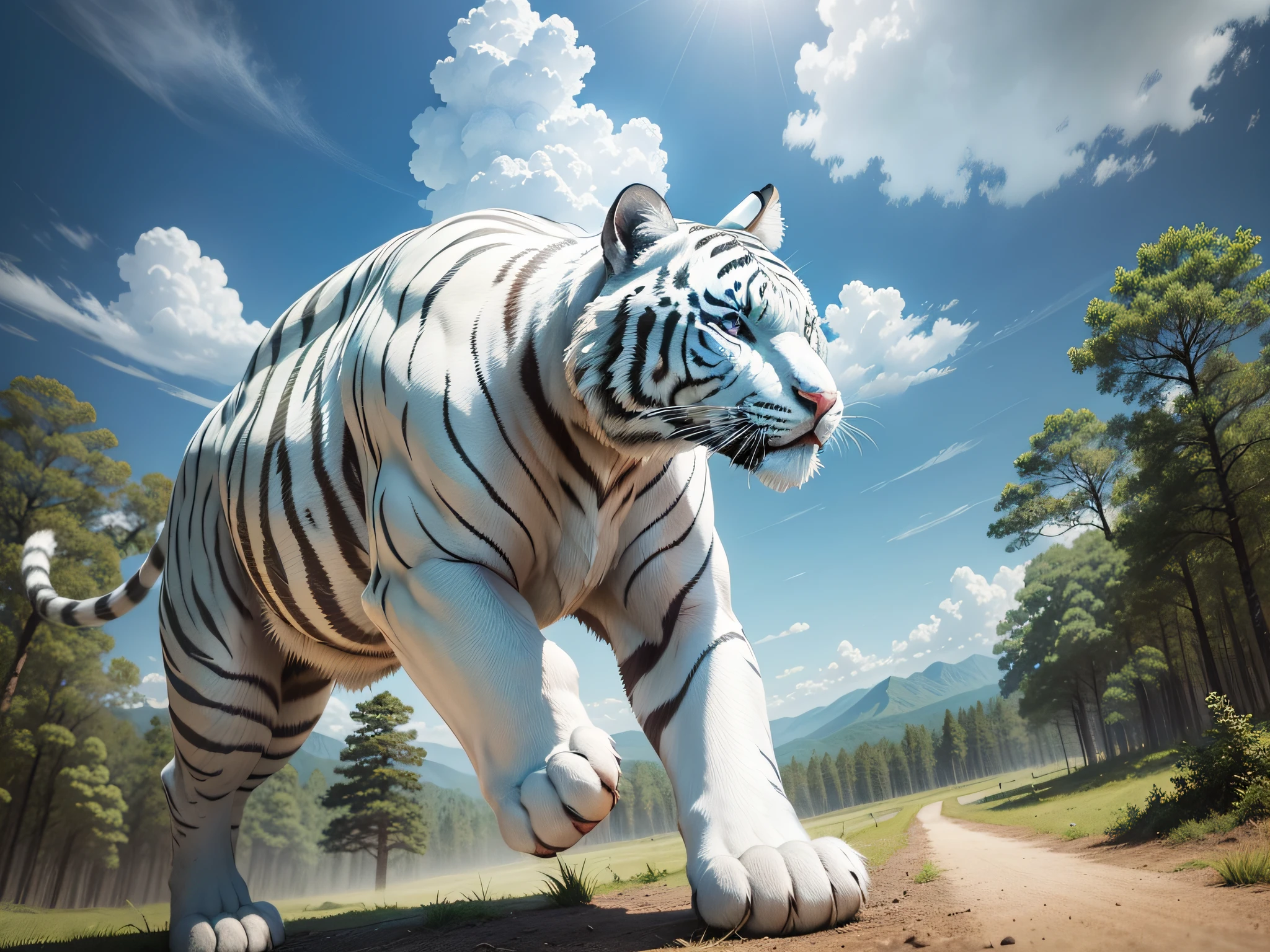 Between ancient mountains and forests,A cute white tiger appeared under the blue sky and white clouds,It is surrounded by a forest full of greenery