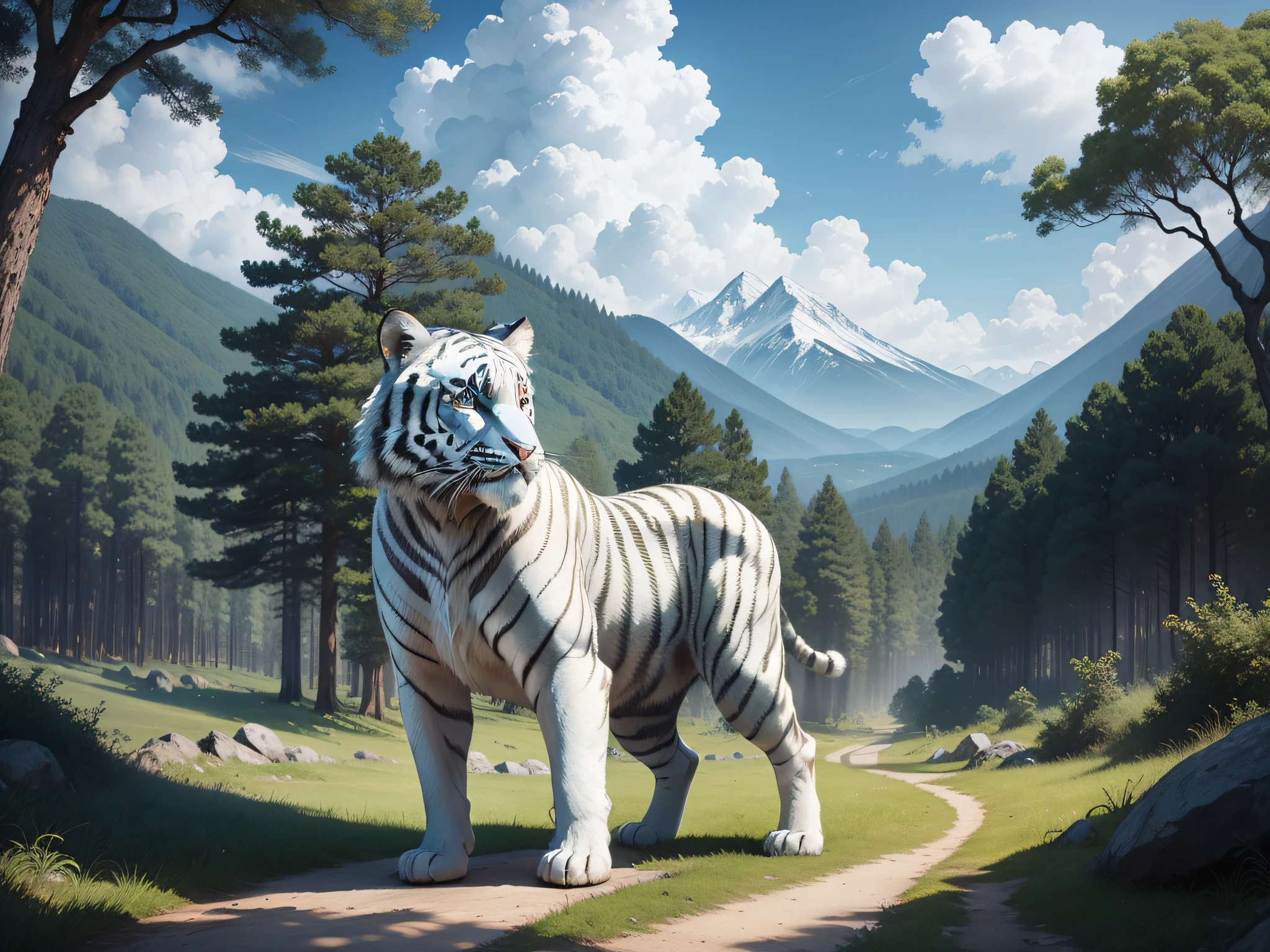 Between ancient mountains and forests，A cute white tiger appeared under the blue sky and white clouds，It is surrounded by a forest full of greenery