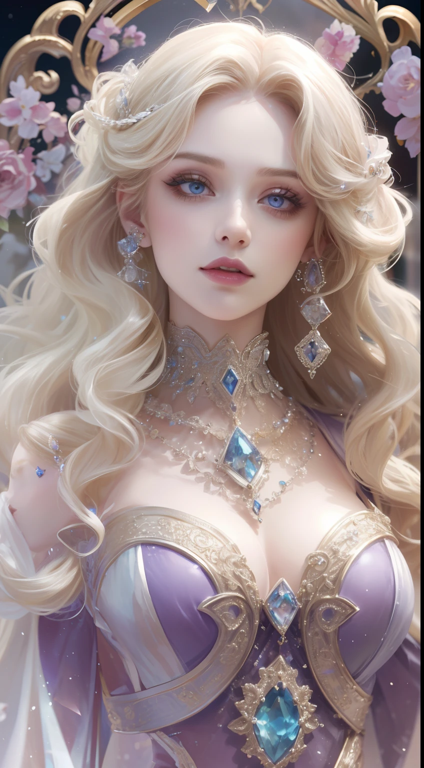 tmasterpiece,Highest high resolution,Dynamic bust of beautiful aristocratic maiden,Blonde hair elegantly coiled,Purple clear eyes,The hair is covered with beautiful and delicate floral craftsmanship, Crystal jewelry filigree,Ultra-detailed details,upscaled。