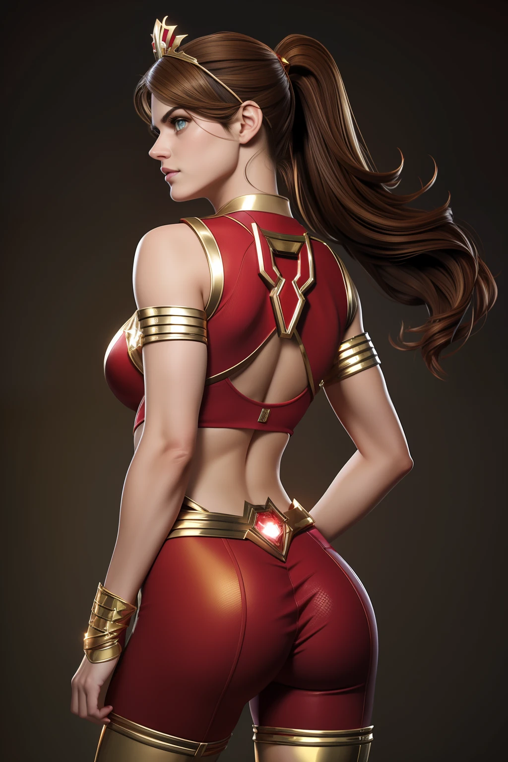 Sexy alexandra daddario as a beautiful female superheroine , green eyes brown hair, ponytail, red crop shirt, with a golden Star, wears a golden tiara on forehead with a red gem in her head , golden bracelets, long red boots, and small red shorts portrait photography by artgerm, in the style of realism, glistening skin, cartooncore, mangacore, natural lighting, Defined full lips. Muscular fitness feminine body back view