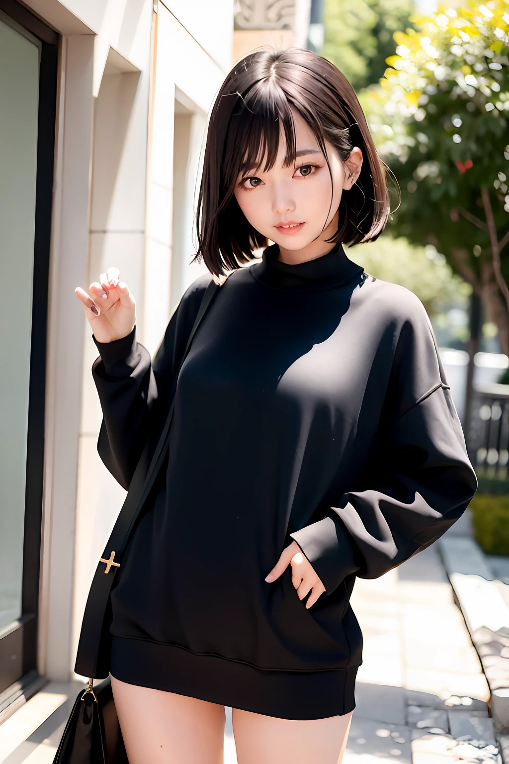 best qualtiy、masterpiece、girl with、A dark-haired、black eyes、Duan、sun is shining、shinny skin、kindly smile、校服