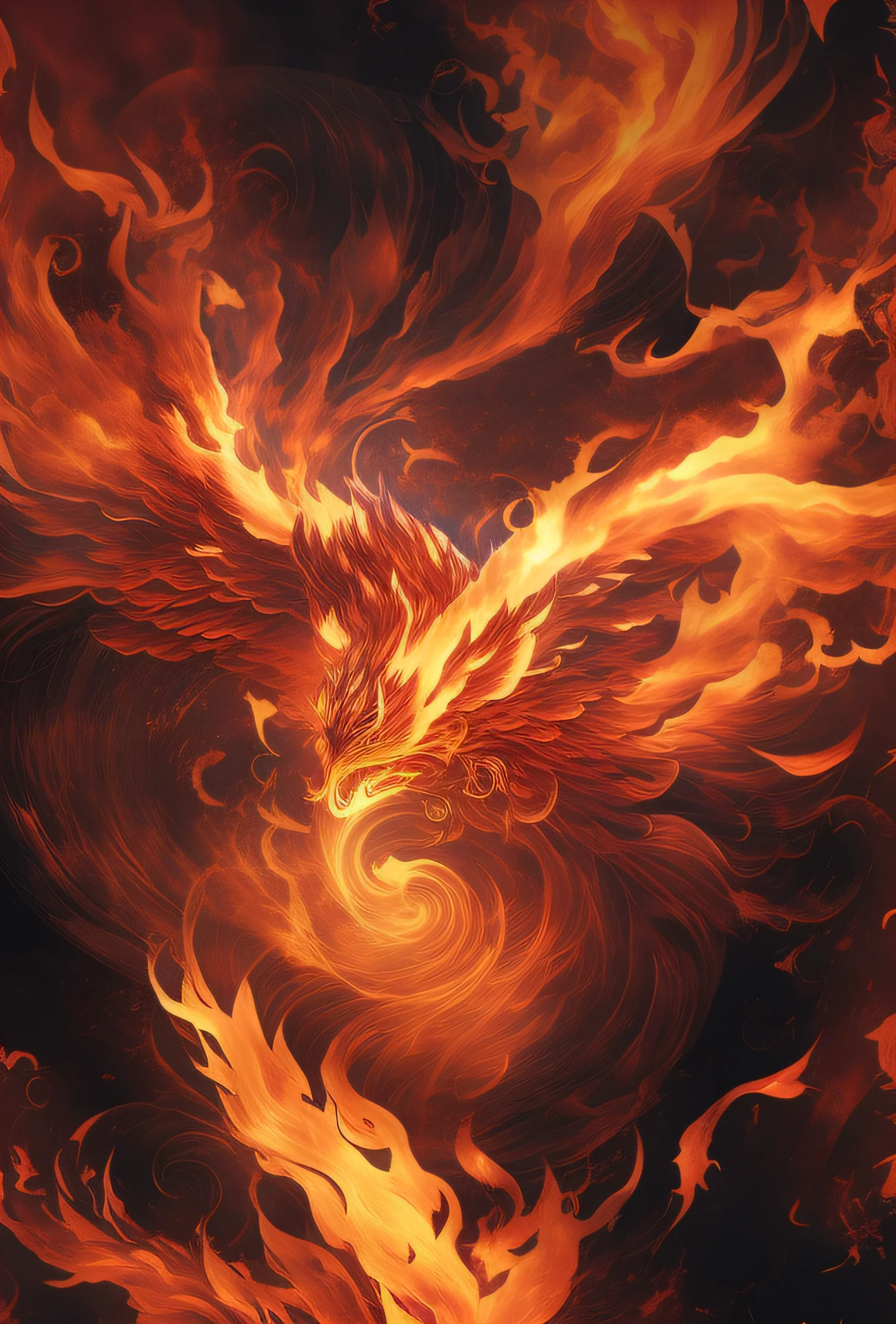 fenghuang,Flames swirl around spiral objects on a dark background, engulfed in swirling flames, Flame whirlpool, swirls of fire, swirling fire, Rotating Flame Flame Universe, ''wallpaper of a phoenix, fire powers fire swirling, artwork of a phoenix, highly detailed fire tendrils, arcs of flame, ornate with fiery explosions