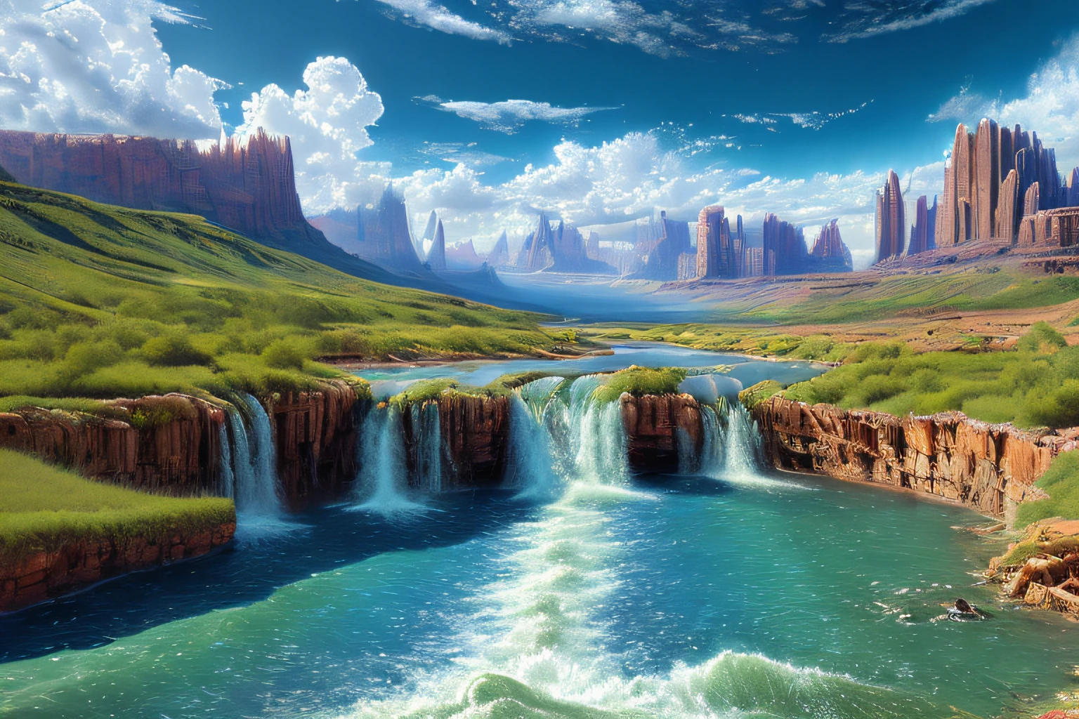 paysage futuriste, Eau, (Highly detailed CG Unit 8k wallpaper), The most beautiful work of art in the world, Professional majestic oil painting, complexe, High detail, mise au point nette, dramatique, Art of photorealist painting,