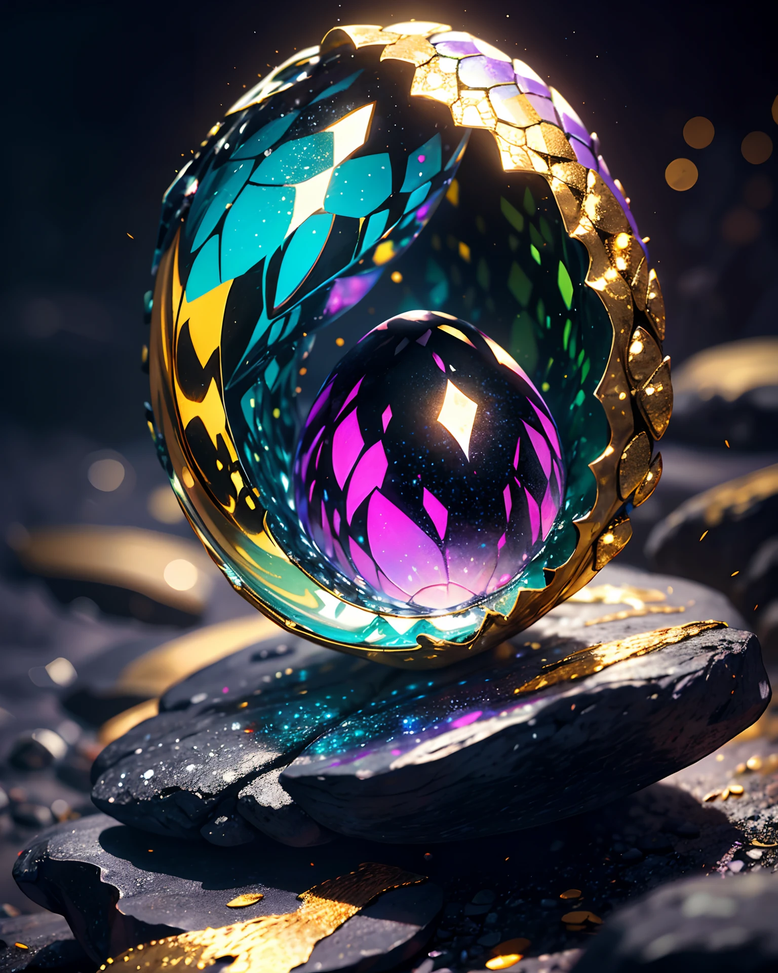 crystalline rock forms dragon egg with silver and gold metal dragon scale half-shell, by mjart, placed on black lava rock, background dark cave with purple ambient light,