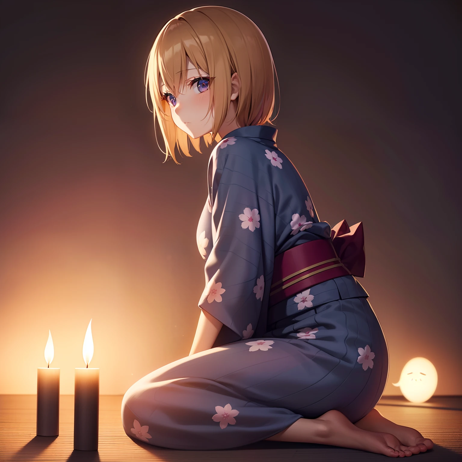 {{{{{masutepiece,Best Quality,ultra-detailliert}}}}},1 woman,sitting down on the floor,Tell ghost stories, Slouching, Beautiful dark room background,Close doors and windows,a dark night,No light,Beautiful Japan black floral pattern yukata,Side view,8K,1 candle,