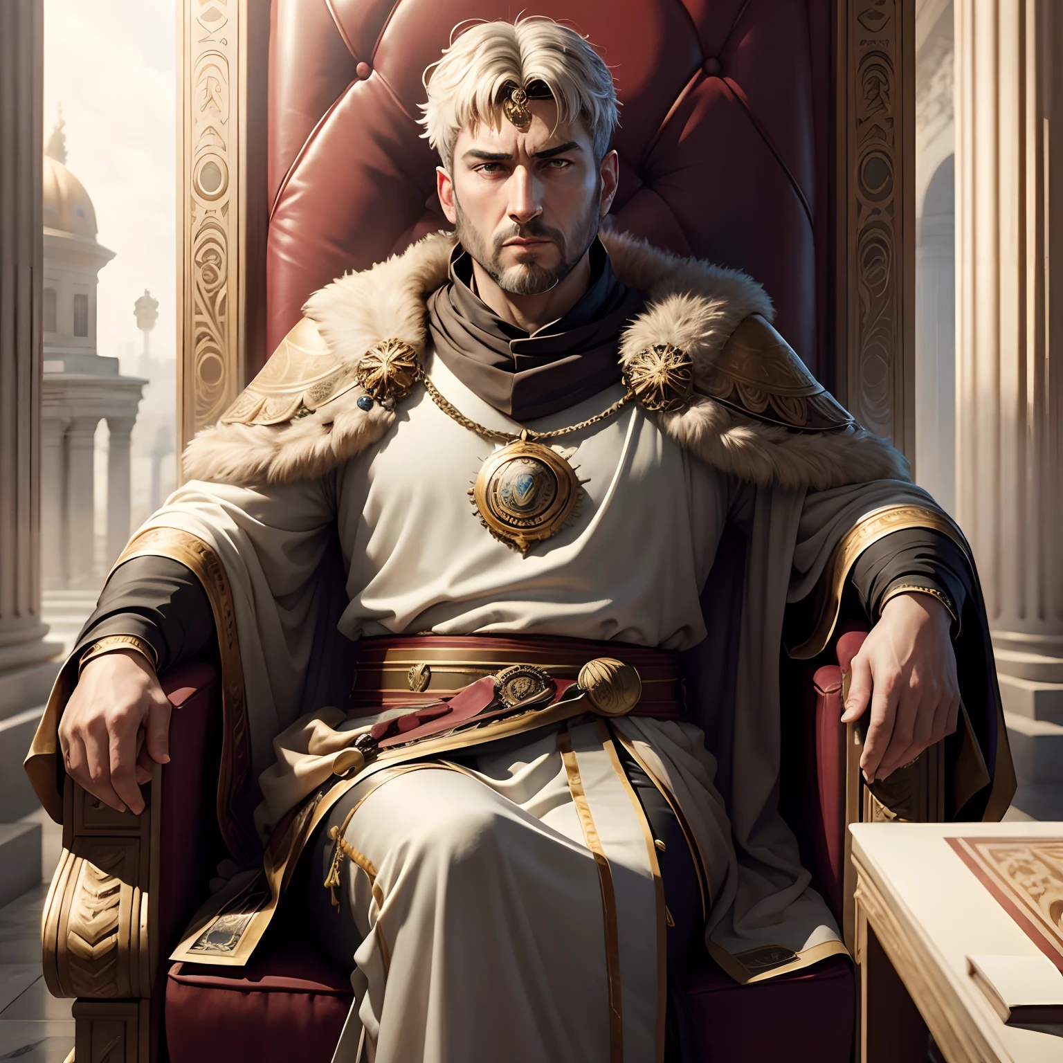 Roman emperor sitting in roman Empire environnement hyper realistic super detailed senate