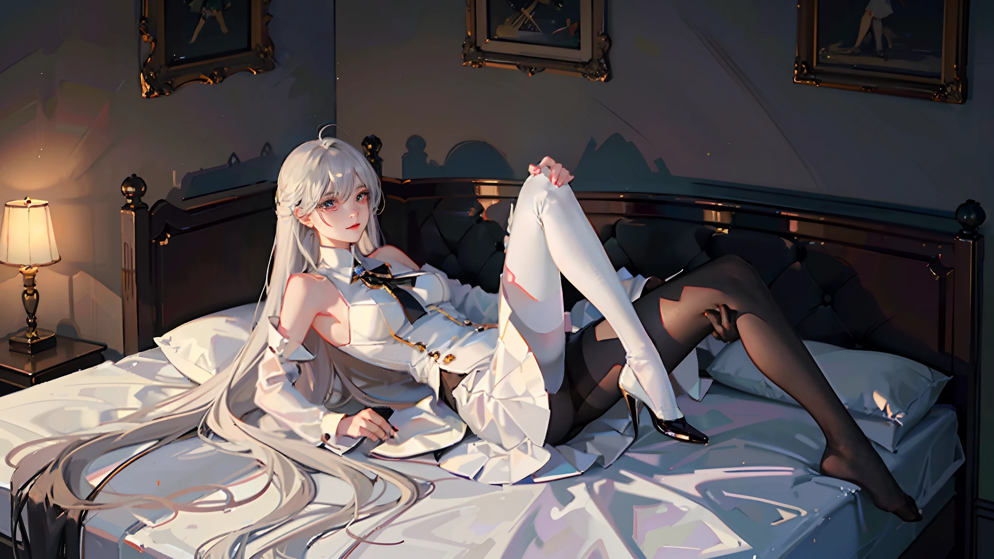 Correct limbs,Right legs,Oily white stockings,Oily white stockings,Classical style red wall,Correct limbs,Short shoulder-length white hair:4,waxy candles:3,Red bedroom:3,Black bed:3,Natural light,窗帘,Ambient(((Half naked anime girl lying on sofa undressing with her hands,,Hands on the upper and lower legs of the naked body,black uniforms,black reotard,Primetime light and shadow black pantyhose)),Ray tracing,(Dim lighting,luz de velas,waxy candles),[Detailed background (Bedroom)),((Silver hair)),((Dark hair)),(((Fluffy silver hair, plump and slender girl)))golden hair,Golden Eyes Avoid seeing golden eyes in an ominous bedroom ((((Girl in white shirt, Take off your black crinkled skirt,Prime hour light and shadow,