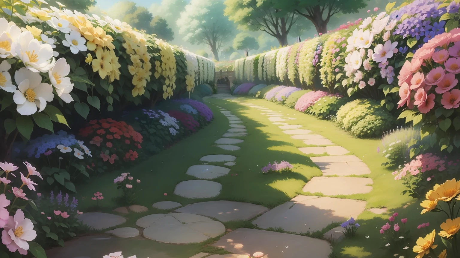 Anime picture of many villagers in a beautiful garden, looking and watering flowers, crowded with various kinds of flowers, varying colours, varying sizes, enormous flowers, big flowers, small flowers, many many flowers, magical, joyful