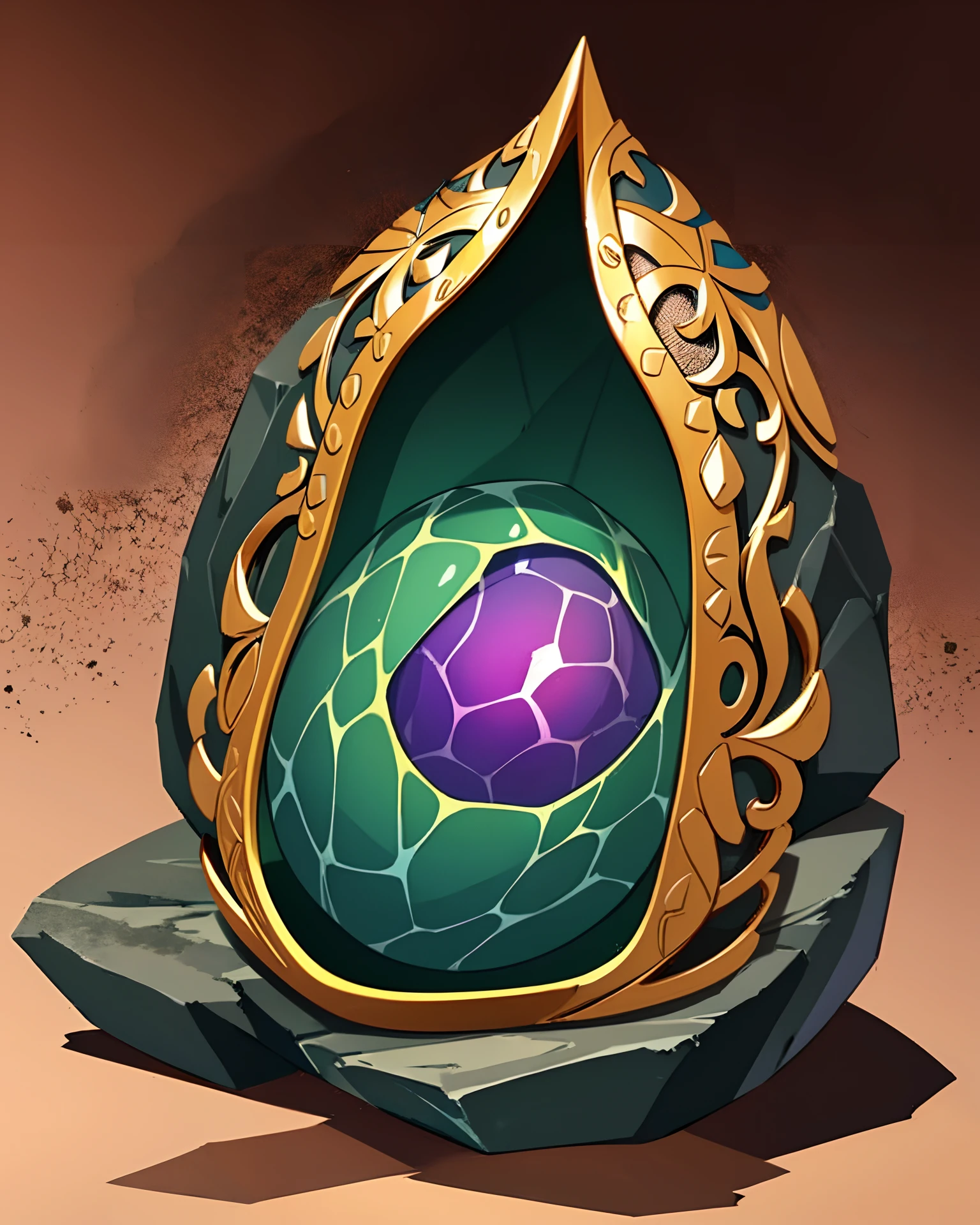 crystalline rock forms dragon egg with silver and gold metal dragon scale half-shell, by mjart, placed on black lava rock, background dark cave with purple ambient light,