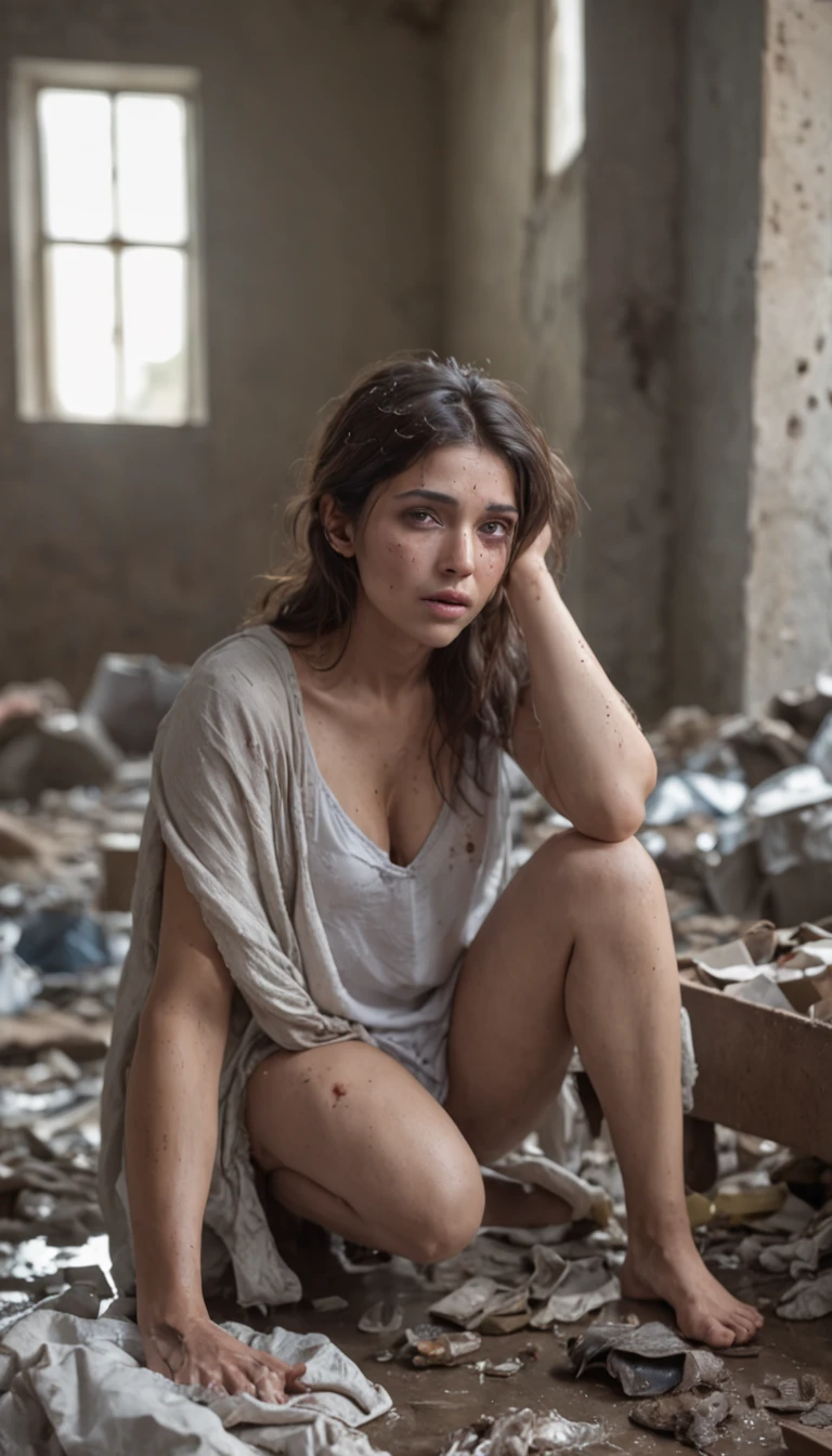 (8K, RAW photos, best image quality, masterpieces, : 1.2), (realistic, photorealistic: 1.37), 20-year-old Afghanistan woman with a sad face of homeless, sad expression of despair, depressed, on all fours, poor, dirty room littered with garbage, torn and dirty tattered, dirty clothes, exposed plain clothes, torn fabric, collarbone, no bra, cotton panties, panties on the legs, Torn micropants, dirty hair, dirty face, dirty skin, wet skin, muddy skin, muddy feet, bare feet, small tit's, cleavage, unkempt hair, sweat, sweat drops, tan, close-up, from below, old kitchen, tile fragments, dark ruins, messy rooms, broken dolls, trash cans, top quality, cinematic lighting, Complex and cinematic look, messy room, photorealistic, cowboy shot, dynamic angle, perfect hands, perfect fingers, perfect tit’s, perfect fit, perfect body, perfect face, Ultra-Realistic. Ultra-Detailed. Ultra-Sharp Hi-Res. 8K. Photography. Centered. On Frame.