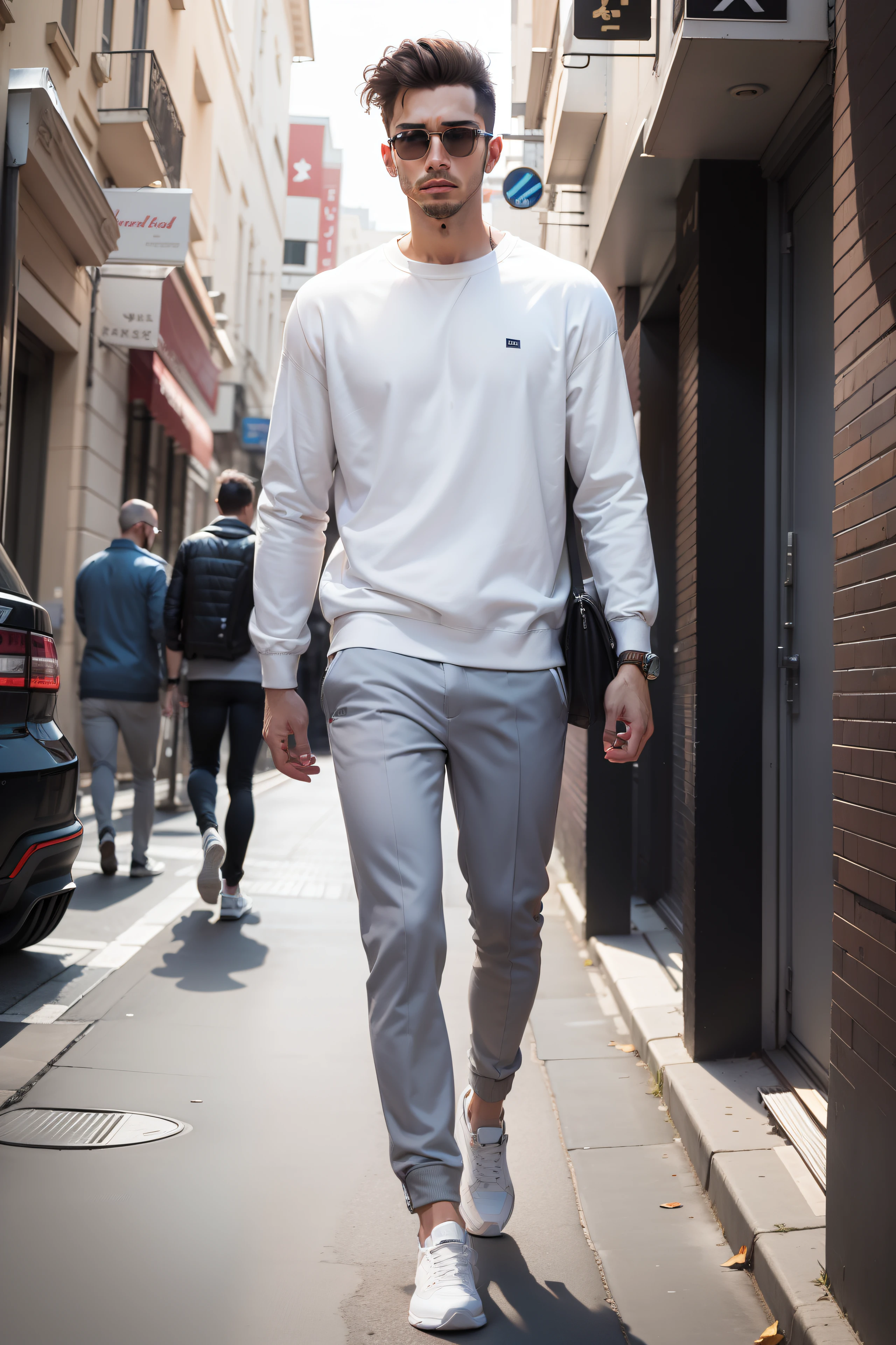 Arad men in white sweatshirts and gray pants walk down the street, modern casual clothing, Official product image, smart casual, White sweatshirt, casual modern clothing, Wear loose and simple clothing