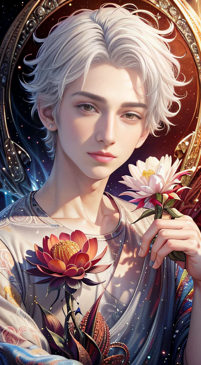 Realistic, (Masterpiece, Top Quality, Best Quality, Official Art, Beauty and Aesthetics: 1.2), Very Detailed, Fractal Art, Colorful, Most Detailed, Zentangle, (Abstract Background: 1.5) (1boy: 1.3), Gods, White Hair, (Glowing Red Eyes), Mysterious, (Magic), Ice, ((Flowers on the Other Side)), Yellow Spring, Hell