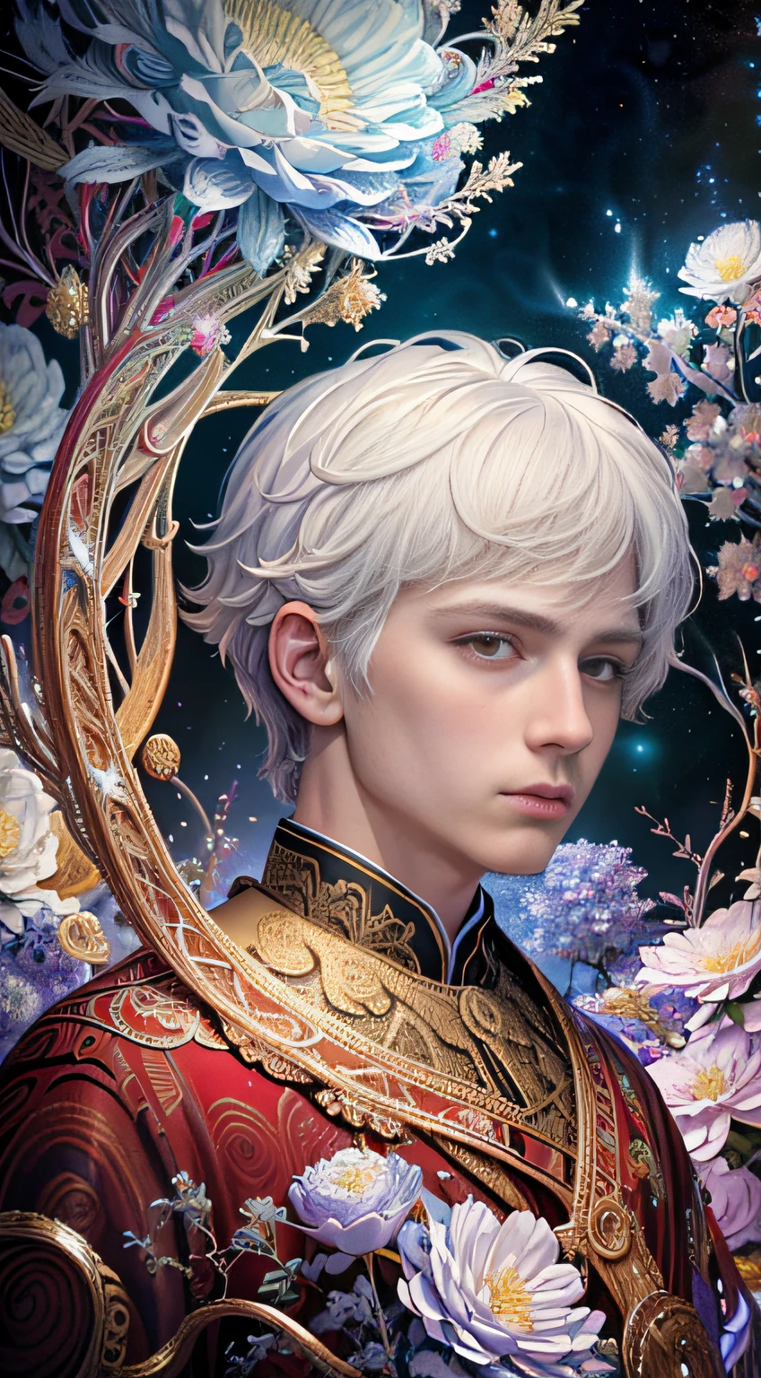 Realistic, (Masterpiece, Top Quality, Best Quality, Official Art, Beauty and Aesthetics: 1.2), Very Detailed, Fractal Art, Colorful, Most Detailed, Zentangle, (Abstract Background: 1.5) (1boy: 1.3), Gods, White Hair, (Glowing Red Eyes), Mysterious, (Magic), Ice, ((Flowers on the Other Side)), Yellow Spring, Hell