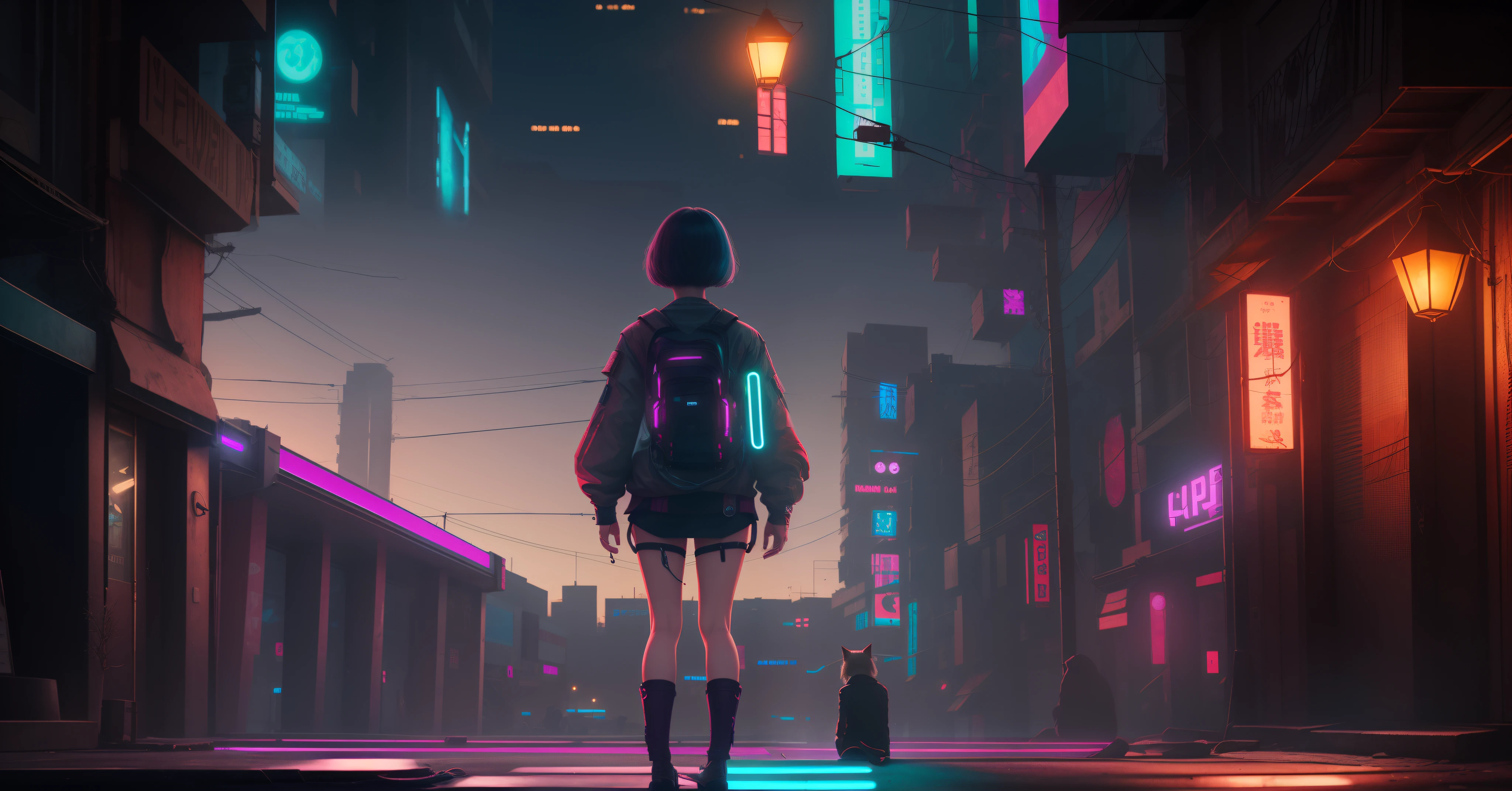 Super Resolution, (Realistic: 1.3) 1 Girl, Cyberhan, Cyberpunk City, Night, Neon, Lantern, Solo, Delicate Face, Delicate Eyes, Short Hair, Cat, Full Body, Back, Back to the Audience