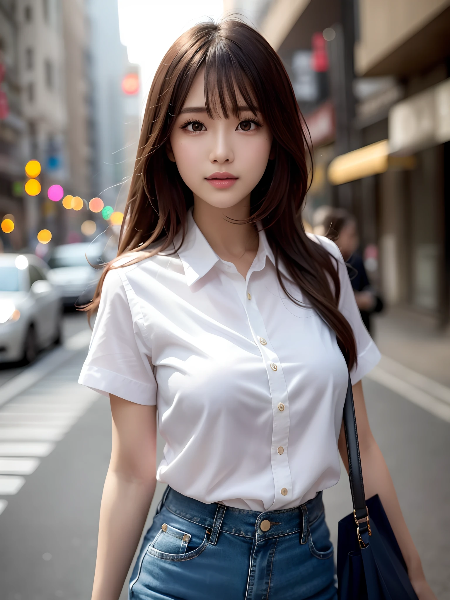 product quality, a cowboy shot, front view, 1girl, a Japanese young pretty woman, wearing a marriage ring, long bob hair, hyper pretty face, glamorous, wearing a short sleeves and long length satin silk white shirt with collared, wearing denim pants, carrying a big tote bag over her shoulder, walking with a big smile on a crowded street in a city, glossy lips, double eyelids for both eyes, natural makeup, long eyelashes, shiny smooth light brown hair of long bob hair, asymmetrical bangs, tanned skin, central image, high resolution, high detail, detailed hairstyle, detailed face, spectacular movie lighting, octane rendering, hyper realistic, perfect limbs, perfect anatomy