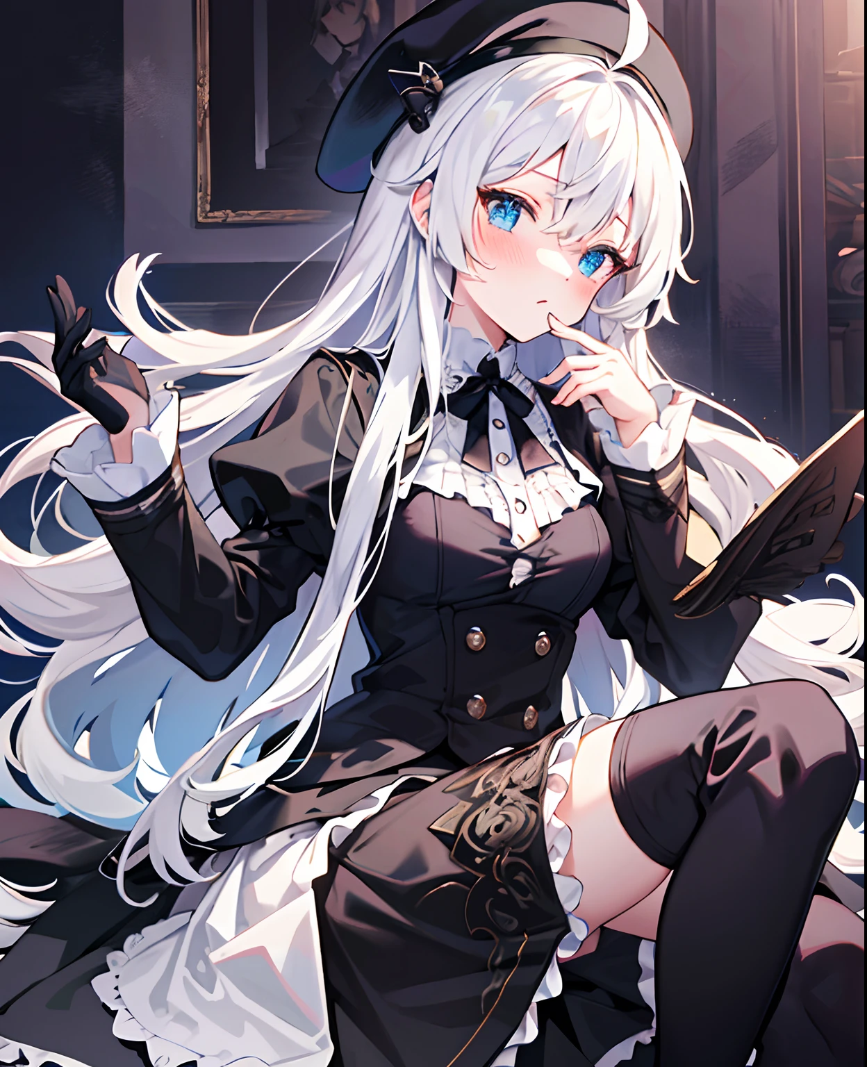 tmasterpiece， Best quality at best， ahoge， Hair over the shoulder， long  white hair，  blush of nose，  Gothic_Lolita， beret， hand_To_Mouth，thigh boots，Absolute realm，upper legs，thigh boots，Correct legs，Black thigh boots，Shoulders exposed，The reveal panties