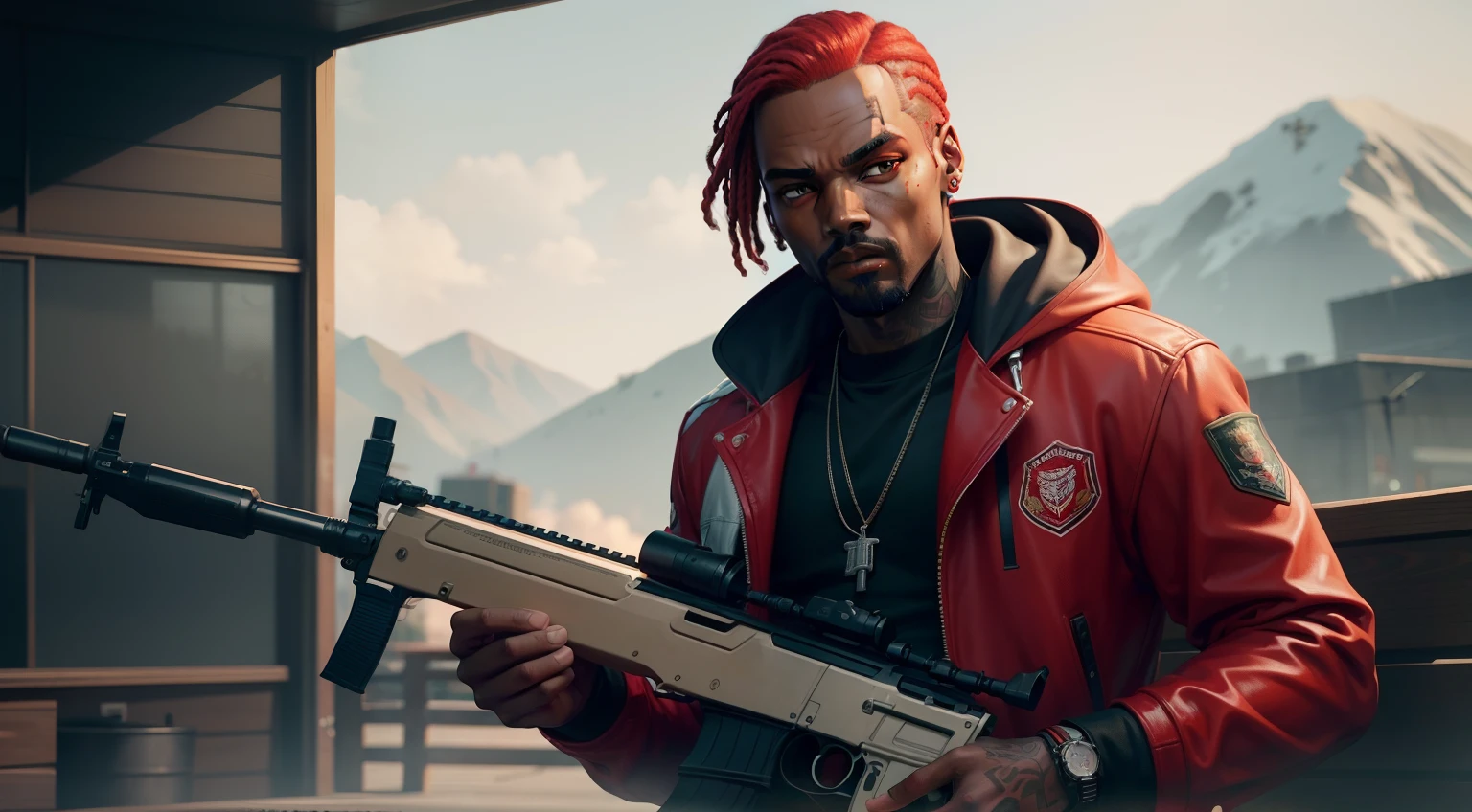 There's a man holding a gun on a wooden deck, gta personagem, Como o protagonista de GTA 5, GTA V Estilo, como um personagem de gtav, Kanye West em GTA v, drake em gta v, Estilo GTA5, gta v personagem, empunhando fuzil de assalto, Snoop Dogg em GTA V, gta 5 tom de pele, Jesse Pinkman em GTA v, red hair, jaqueta vermelha,AK-47 rifle