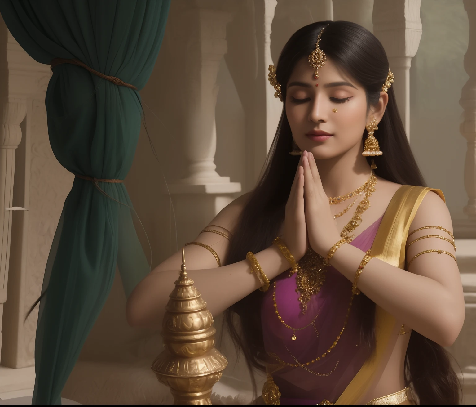 a close up of a woman in a sari praying, aesthetic!!!!!! female genie, traditional beauty, indian goddess, hindu aesthetic, indian goddess of wealth, goddess checking her phone, beautiful goddess, traditional female hairstyles, beautiful image, from ramayan, indian style, inspired by Thota Vaikuntham, very beautiful photo, beautiful avatar pictures, hot indian woman, (((ultra realitic photo face, very attractive beautiful)))