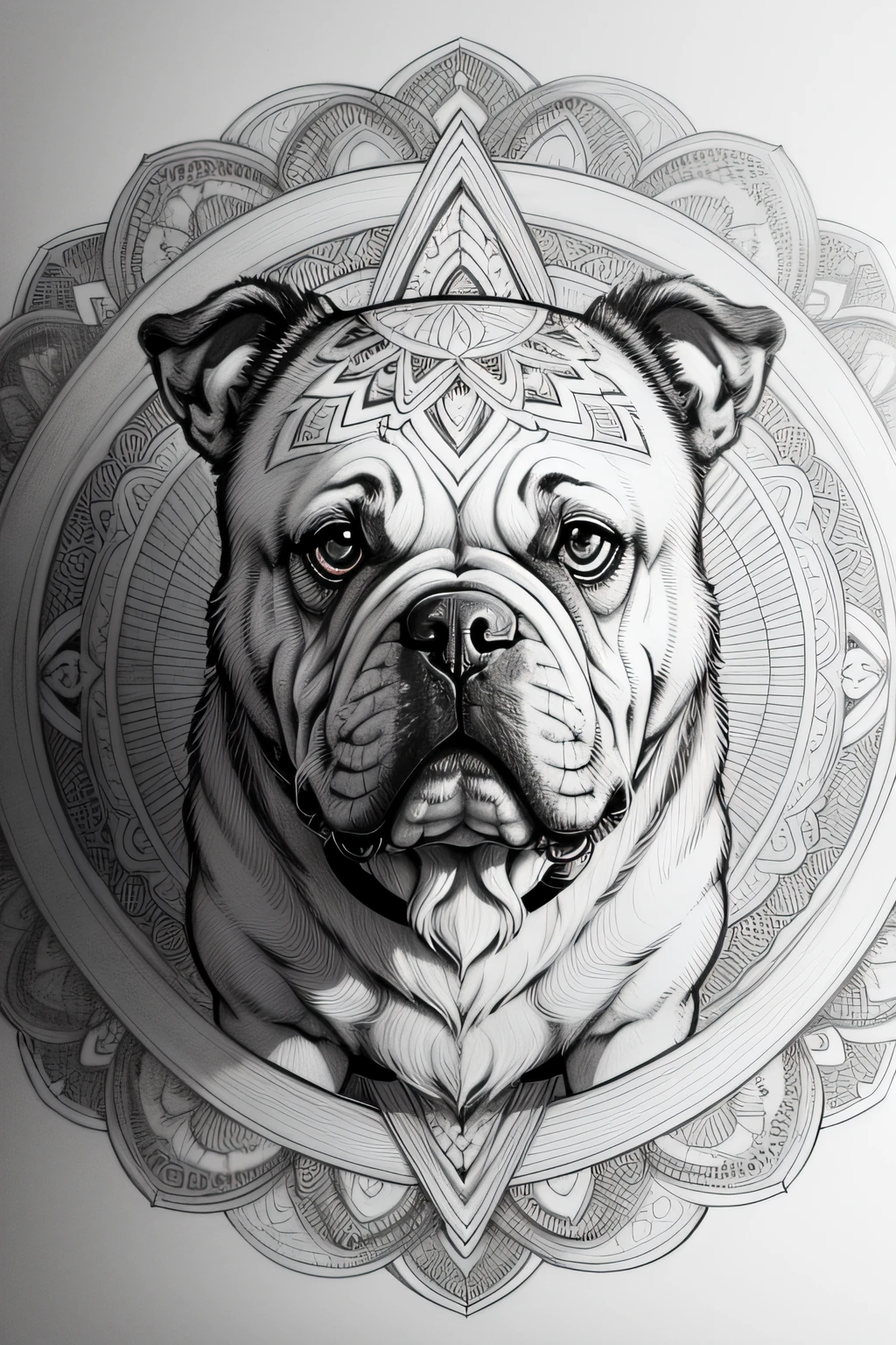 Coloring page for adults, bold lines, dark lines, mandala bulldog, mandala bulldog face, mandala face, symmetrical, white background, clean line art, thin line art , 8k