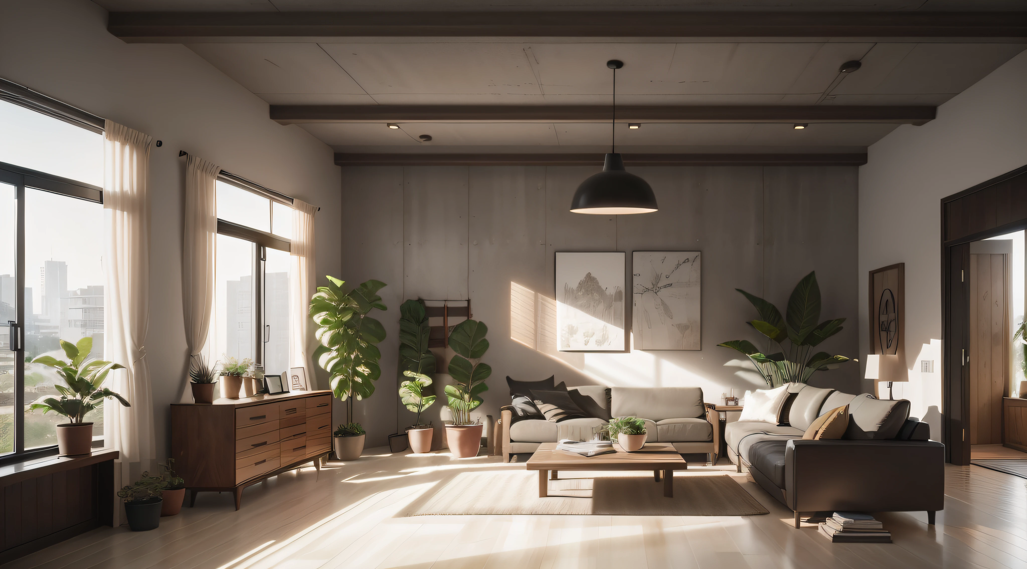 Develop an image showcasing a living room design that incorporates natural elements like indoor plants and warm wood accents, set against an empty concrete wall to add an urban touch to the space.