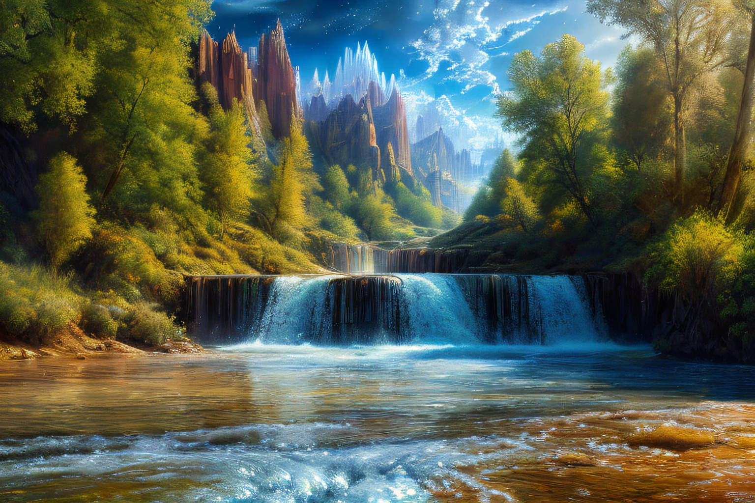 paysage futuriste, Eau, (Highly detailed CG Unit 8k wallpaper), The most beautiful work of art in the world, Professional majestic oil painting, complexe, High detail, mise au point nette, dramatique, Art of photorealist painting,