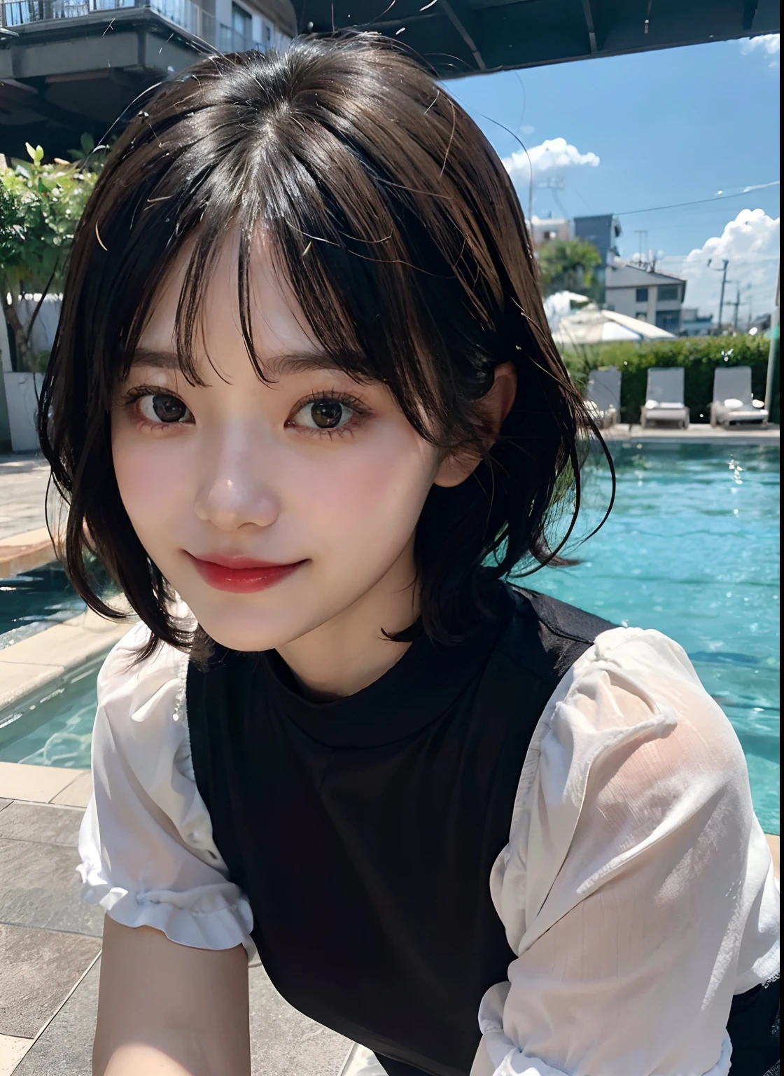 (8K、top-quality、​masterpiece:1.2)、(realisitic、realisitic:1.37)、ultra-detailliert、1girl in、cute little、独奏、Beautiful detail sky、early evening、date、(Nasal redness)、(A smile:1.15)、(Shut up)Medium chest、Beautiful delicate eyes、natta、Wetty、Professional、Rain、White lace、(short medium hair:1.2)、Black Hair Nova Frog Style、Idol、swim wears