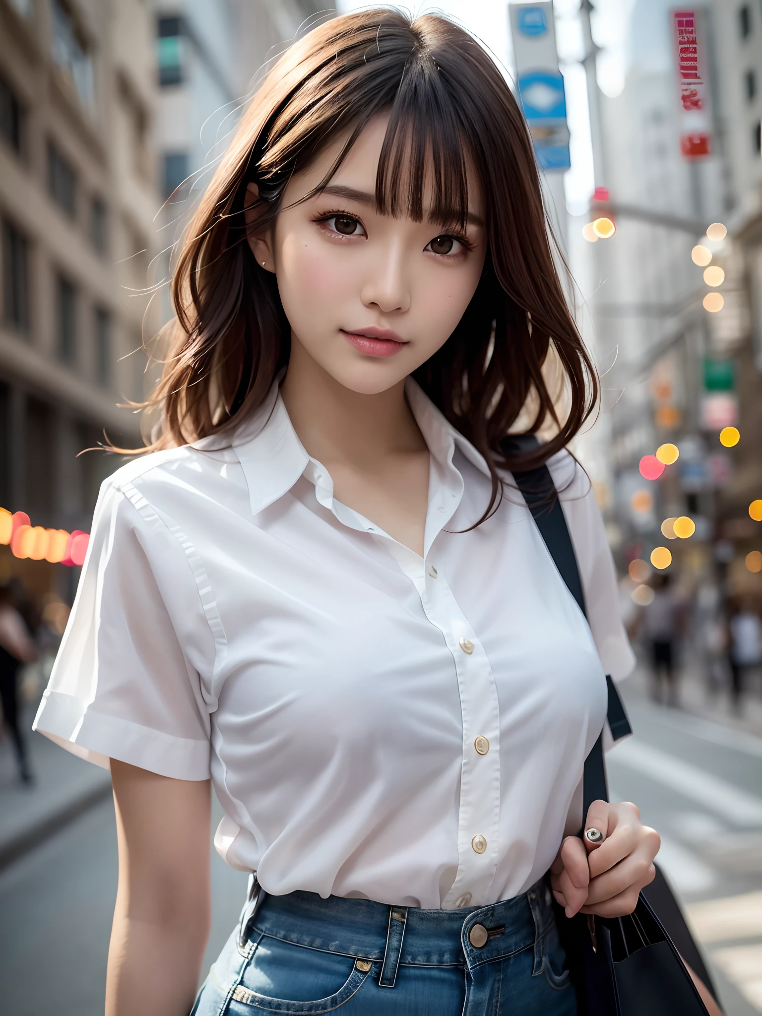1girl, RAW photo, masterpiece, top quality, high quality, exquisite, 8k, 32k, high resolution, absurdity, (realistic:1.4), (detail clothing:1.2), Japan idol, short messy hair, smile, embarrassing, blush, very cute and beautiful face and eyes, black eyes, small breasts, cute, school, tokyo street, night, cityscape, school uniform