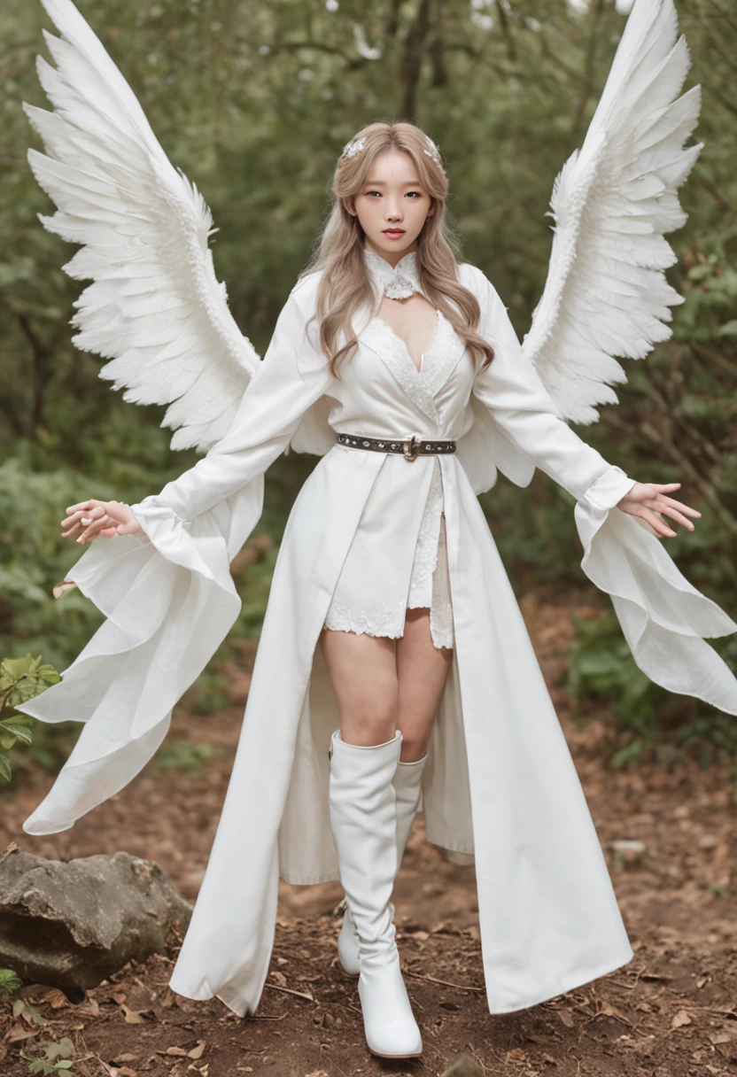 Nature Guardian Typhoon Lady. Tae-yeon wearing a typhoon symbol uniform,White cloak, Long white gloves on his hands, Wear white knee-length boots on her feet, Stand in the middle of a typhoon and release energy to photograph your whole body