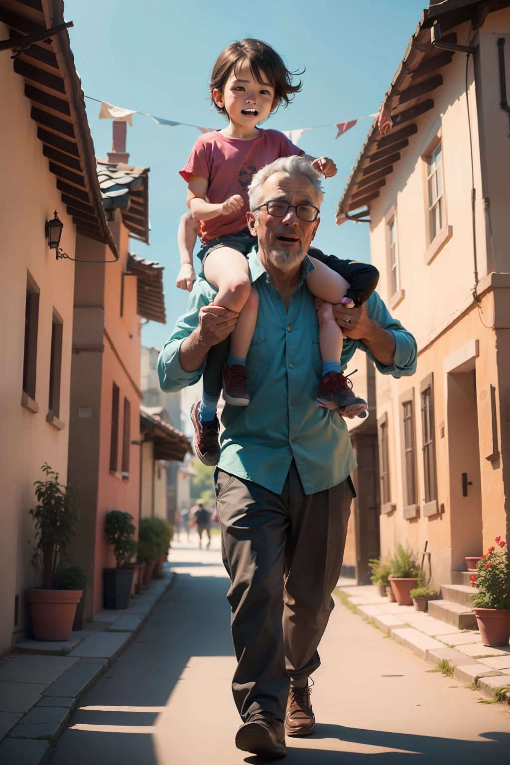 Capture an image thinking like a professional photographer: in high quality, ultra HD 1,280px, with a semi-realistic style and impeccably centered, high-quality vibrant colors. In the photograph, a profoundly joyful father carries his seated child, legs draped over his shoulders, within a stunning, vividly colored village. The vibrant colors are meticulously positioned to draw attention to the heartwarming connection between the two subjects, against the backdrop of the picturesque village scene.