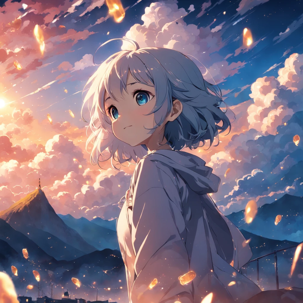 Masterpiece, Best Quality, Movie Stills, 1girl, Cloud Boy, Floating in the Sky, Close-up, Bright, Happy, Warm Soft Lights, Sunset, (Sparkle: 0.7)