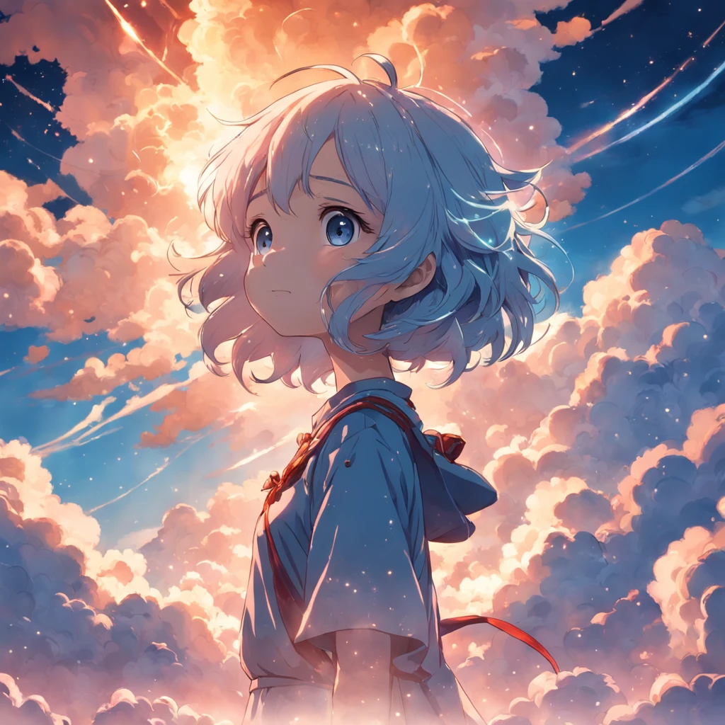 Masterpiece, Best Quality, Movie Stills, 1girl, Cloud Boy, Floating in the Sky, Close-up, Bright, Happy, Warm Soft Lights, Sunset, (Sparkle: 0.7)
