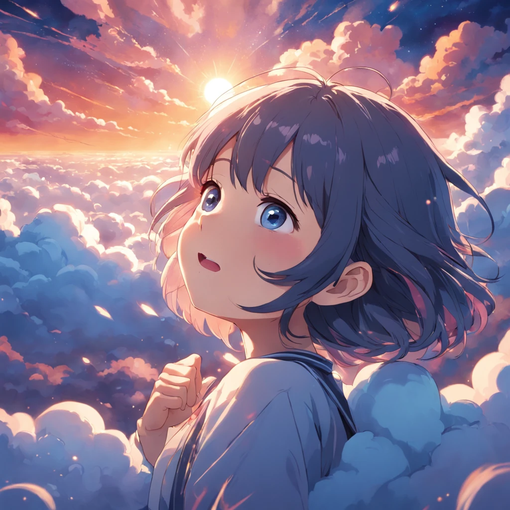 Masterpiece, Best Quality, Movie Stills, 1girl, Cloud Boy, Floating in the Sky, Close-up, Bright, Happy, Warm Soft Lights, Sunset, (Sparkle: 0.7)