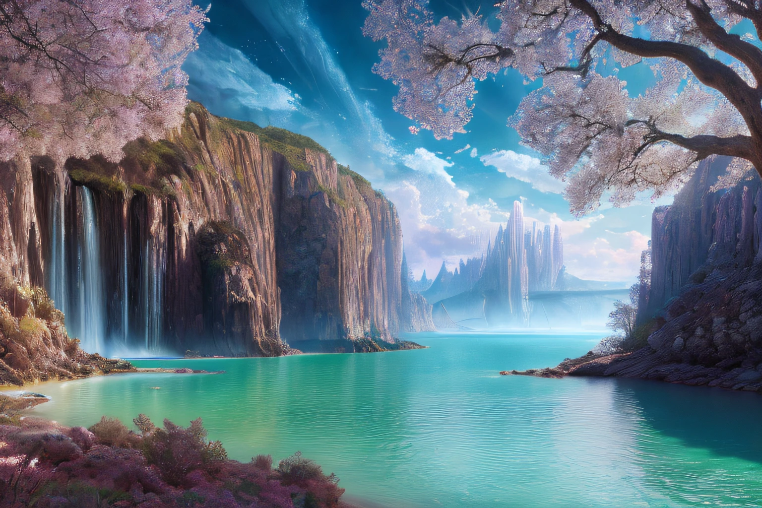 paysage futuriste, Eau, (Highly detailed CG Unit 8k wallpaper), The most beautiful work of art in the world, Professional majestic oil painting, complexe, High detail, mise au point nette, dramatique, Art of photorealist painting,