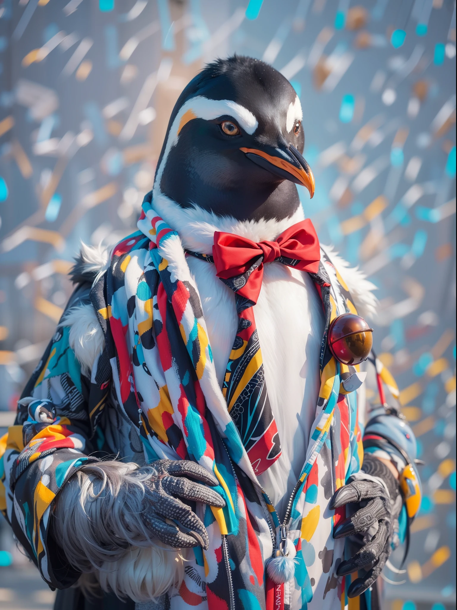 (Penguins in luxury business suits、Upright Penguins、Humanoid Penguins、Full body photo、Cool anthropomorphic penguins)、masterpiece, top-quality, in 8K , intricate detailes, ultra-detailliert , light Particle、32K Digital Paint, Hyper-Realism, Abstract background:1.3, colourfull:1. 3, Zentangle:1.2、