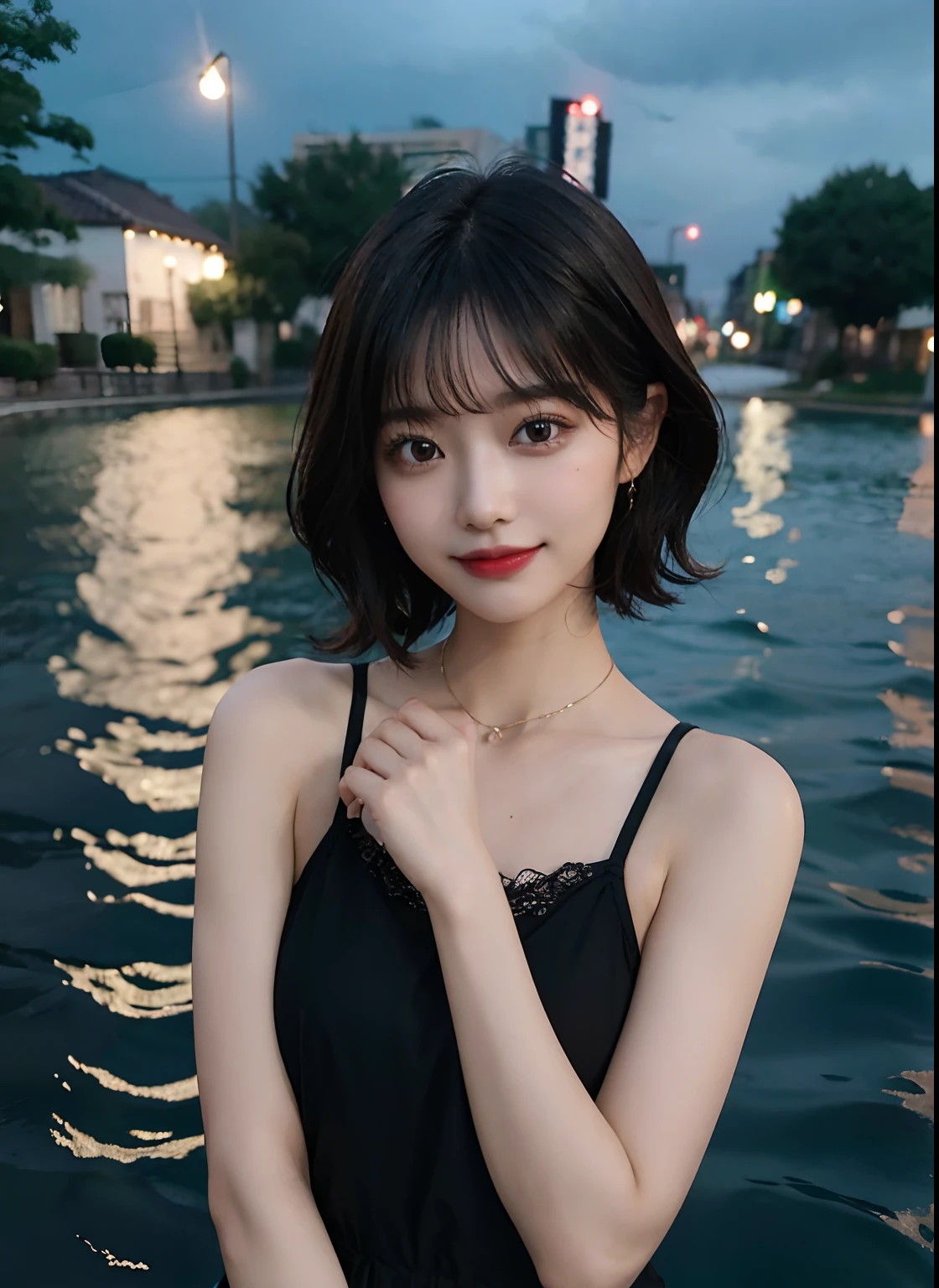 (8K、top-quality、masterpiece:1.2)、(realisitic、realisitic:1.37)、ultra-detailliert、1girl in、cute little、独奏、Beautiful detail sky、early evening、date、(Nasal redness)、(A smile:1.15)、(Shut up)Medium chest、Beautiful delicate eyes、natta、Wetty、Professional、Rain、White lace、(short medium hair:1.2)、Black Hair Nova Frog Style、Idol、swim wears