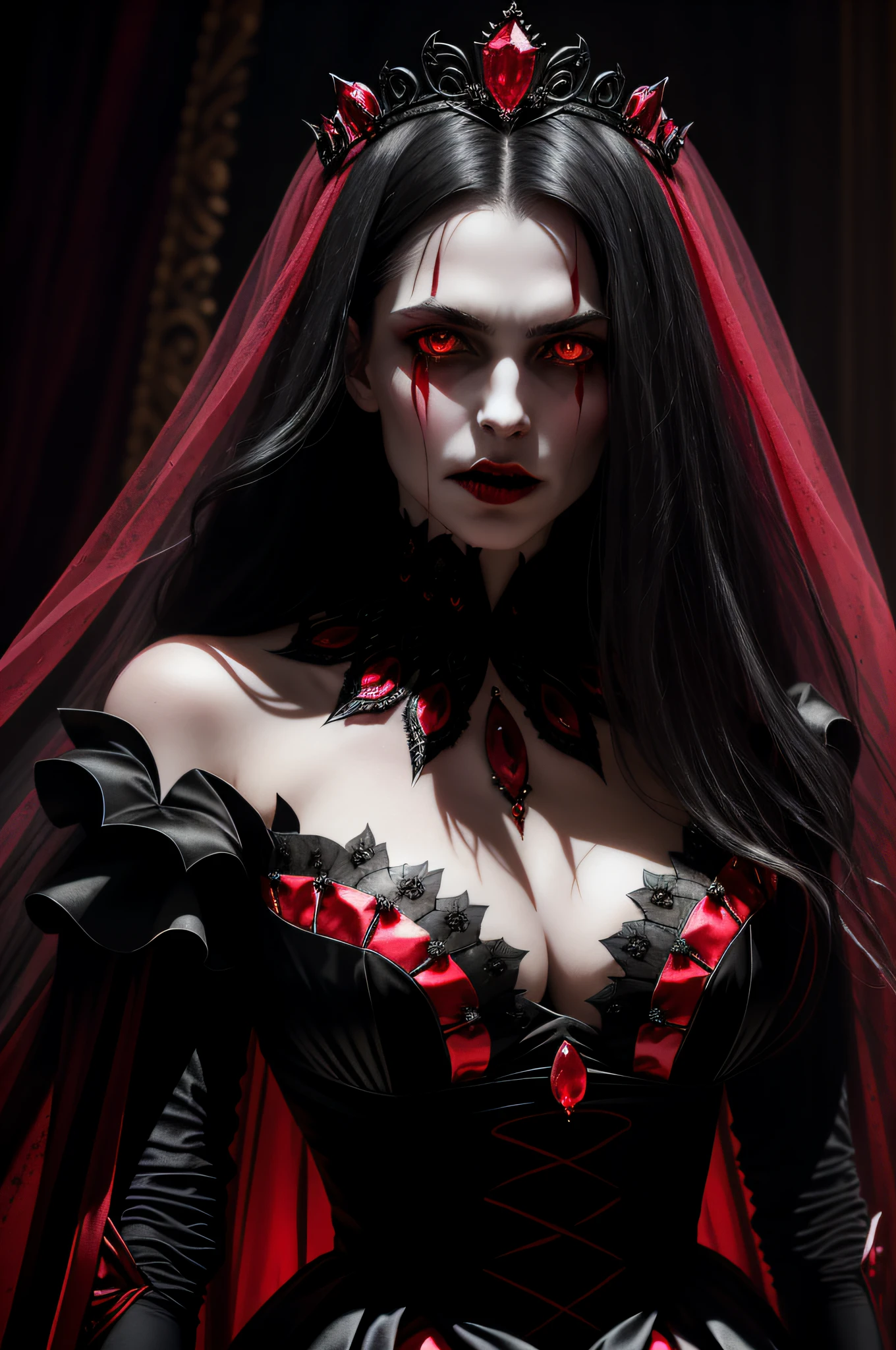 （Sharp focus：1.1） photo of a vampire queen,（(His mouth was covered in blood)）， Blood drop， Blood-soaked hair， ruby tiara， laced dress， Cleavage is seductive， Yellow eyes， dark shadow， Intensity， frenzied， 8k， high qulity， intricately details， closeup cleavage， glowing light eyes，