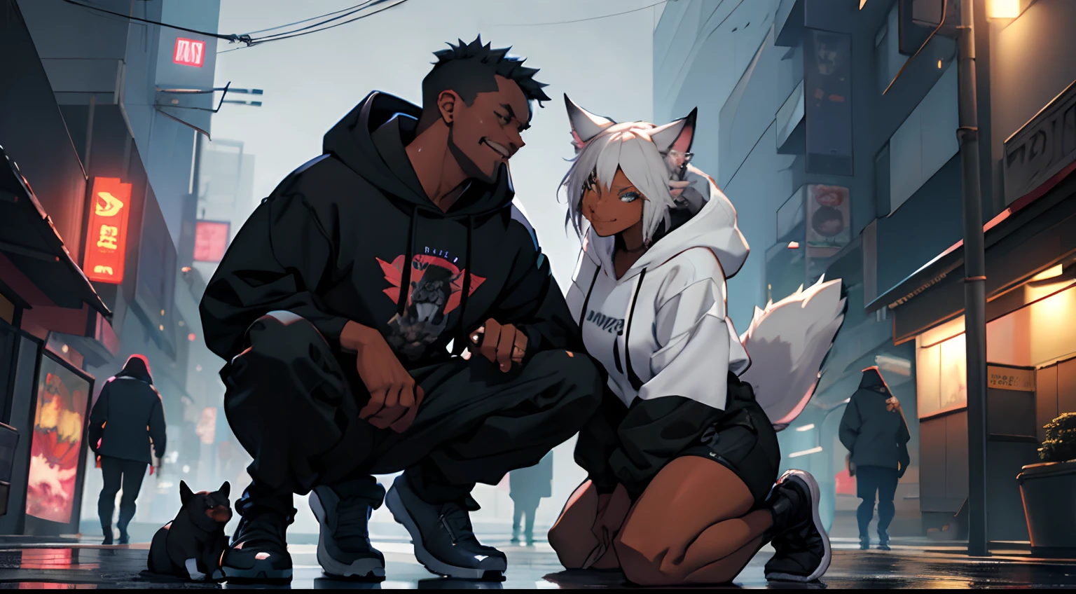 Black, cat girl, casual , medieval, holding male, anime, realistic, high quality, non distorted, medium breast, thick waist, dark skin, wearing hoodies, couple posing, sexy outfit, in city, standing next to male elf, with shorts, smiling, dark skin couple together next to each other, night time, rainy, looking at dogs, gothic, cyberpunk, petting dogs together, at a park, kneeling