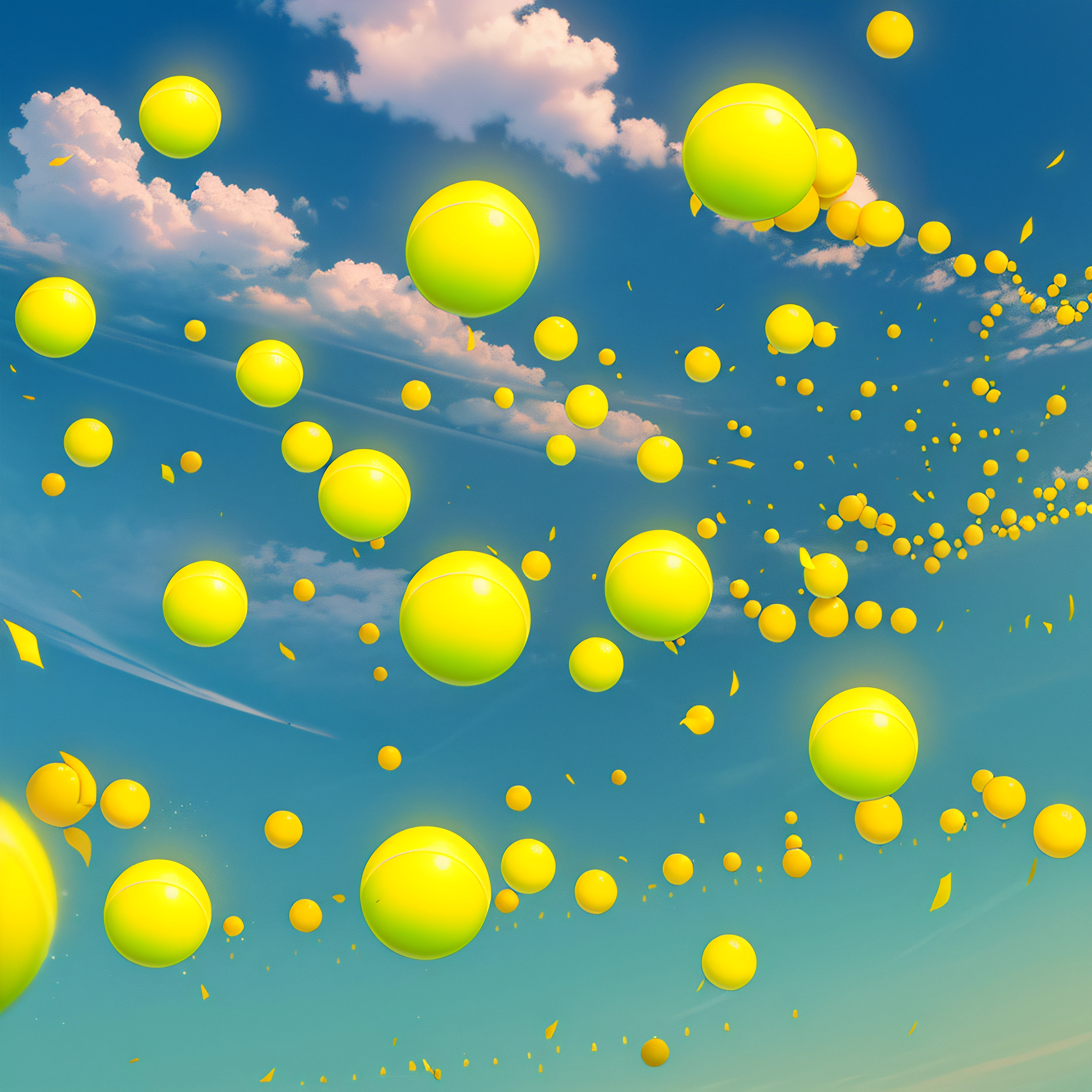 A million tennis balls fly densely into the sky，No one scene，Surreal，k hd，Hyper-realistic，illustration，intensive，Blue sky，Populate dense pictures, pictogram，afloat，mid-air，fei。