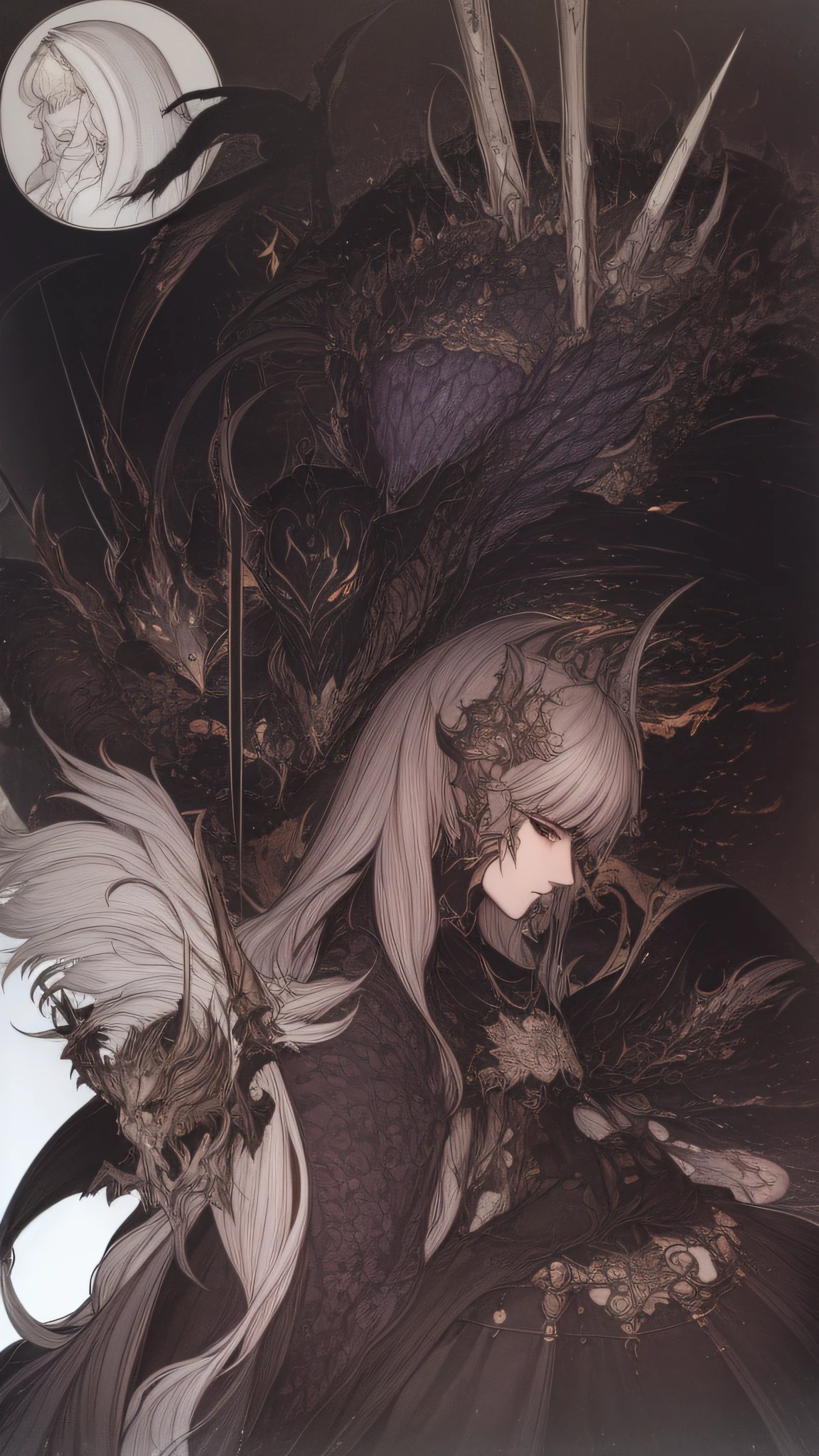 (((Black Knight)))、White background、、line-drawing、pale color、、Fantastical、coarser line、Painterly、Lively poses、Crow's feathers、Delicate touch、fine lines、white of the eye、Clenching teeth、wriggling the body、fullface、black horns、Black Armor、silhuette、Black and purple gradient