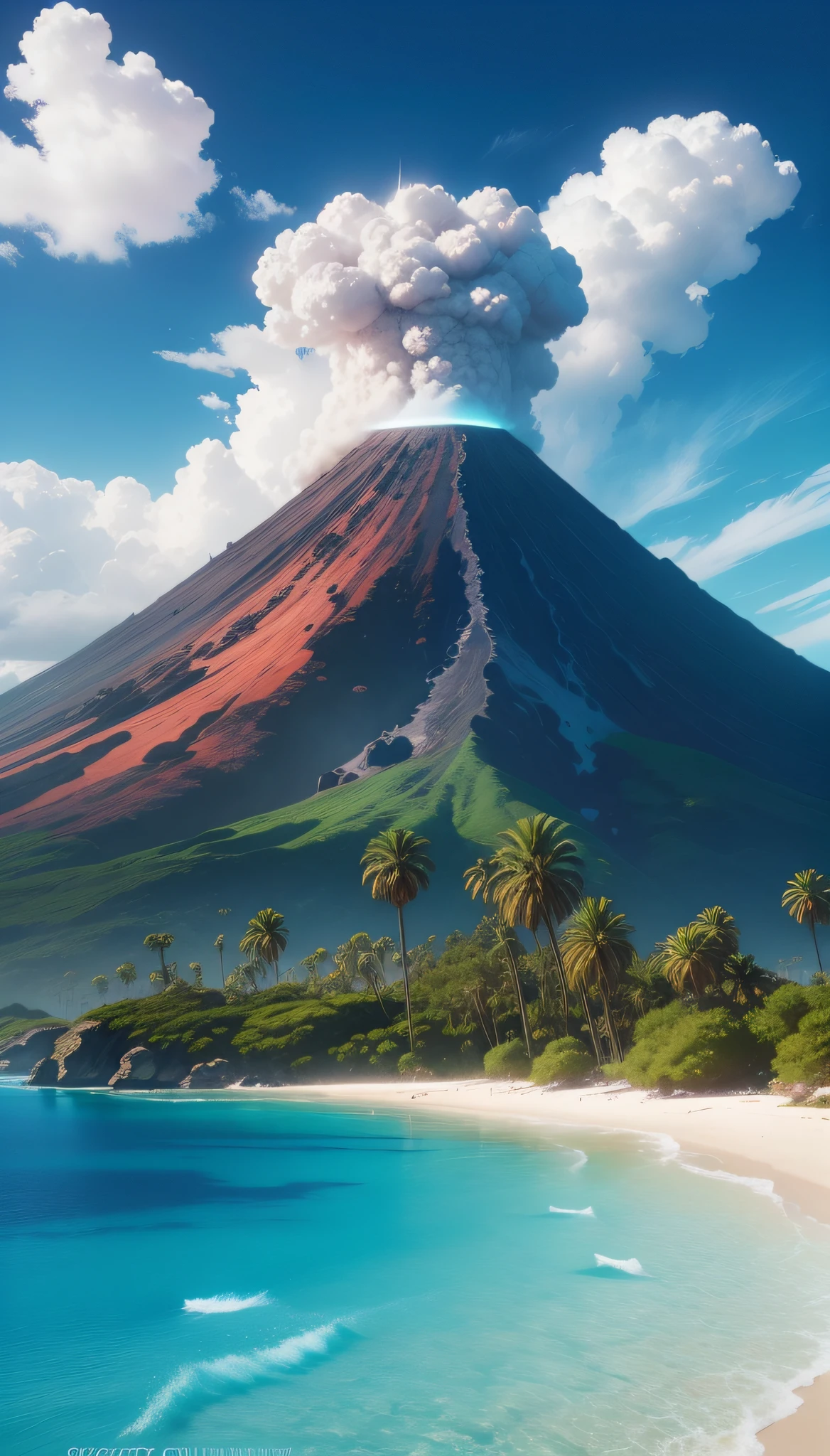 a view of a volcano from the ocean with a coral reef and palm trees, amazing wallpaper, magnificent background, surrealism 8k, beautiful art uhd 4 k, wallpaper 4k, wallpaper 4 k, 4 k hd illustrative wallpaper, beautiful wallpaper, 4 k wallpaper, 4k wallpaper, epic surrealism 8k oil painting, highly detailed surreal vfx, chaotic, Cyberpop, Glitchcore, full body shot, Game engine rendering, 500px, Installation, bleached colors, Hyperrealism, full moon lighting, Super detailed, photorealistic, food photography, Cycles render, 4k