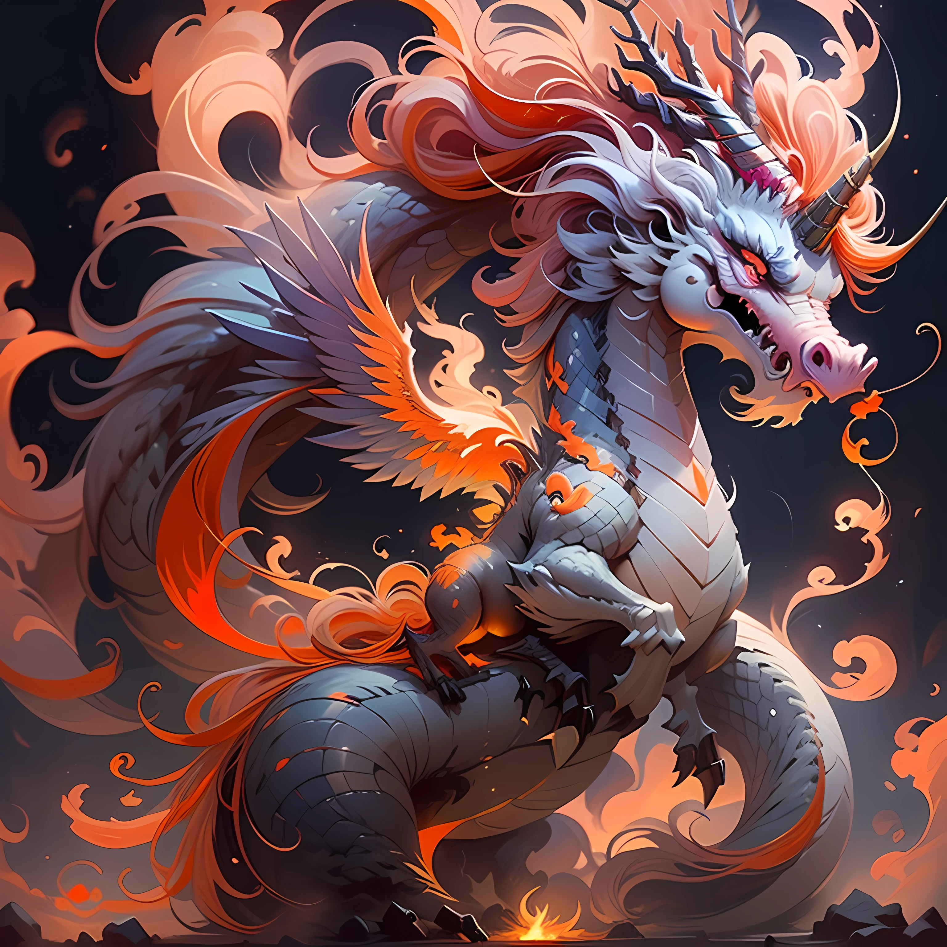 This unicorn emitted a fiery flame. Its body has an orange-red glow and burns like a flame. Its horns are towering and sharp, and seem to be able to penetrate all obstacles. The unicorn's eyes were a fiery flame, revealing strength and determination. Its hair is short and hard, like a burning flame, giving a feeling of courage and vitality