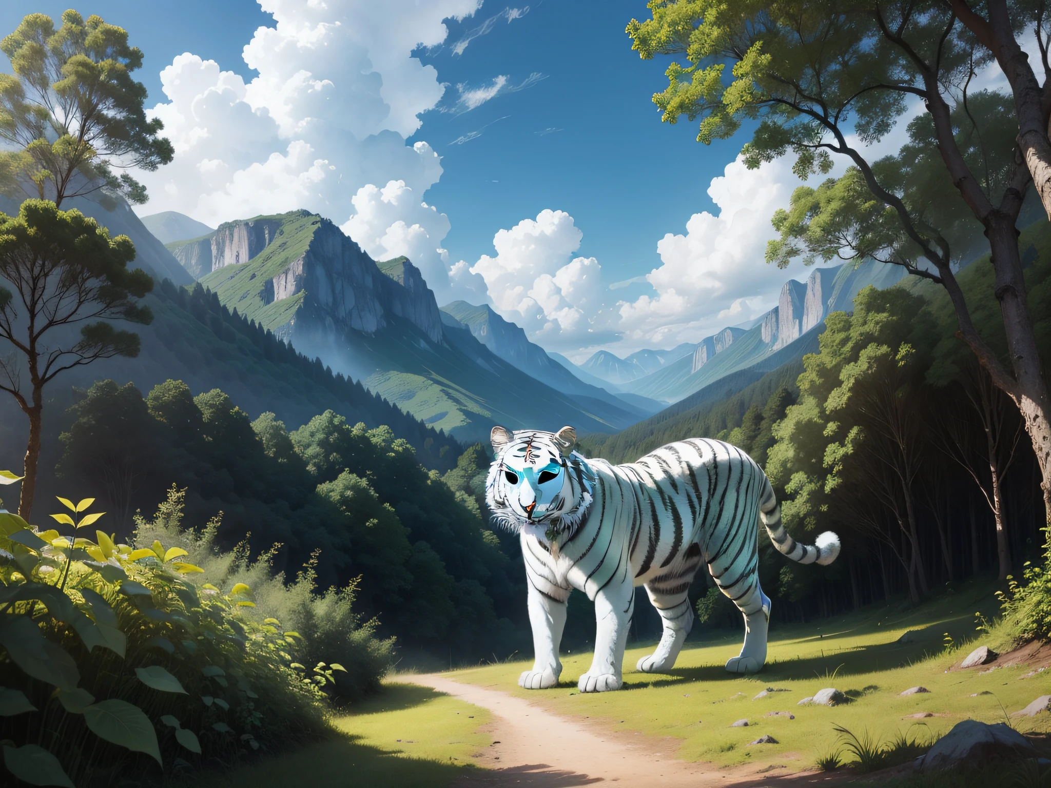 Between ancient mountains and forests,A cute white tiger appeared under the blue sky and white clouds,It is surrounded by a forest full of greenery