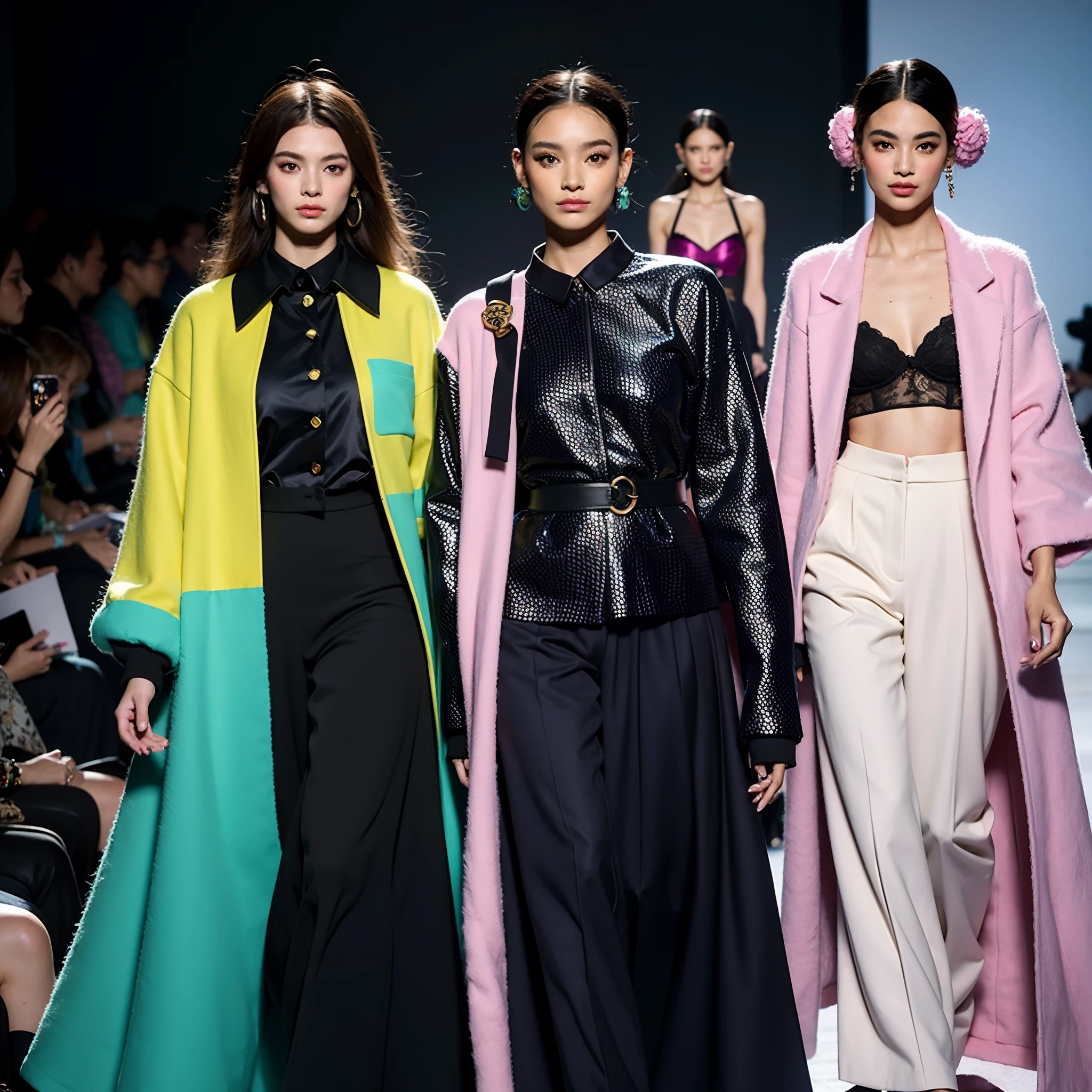 um desfile conceitual de moda, Fashion influencer trends, frequentadores urbanos, moda Blogueiro, patchwork, Parts with different details, (dark colors will be magenta, lavanda, terracota, turquesa, verde turquesa e pink barbie). roupas estampadas