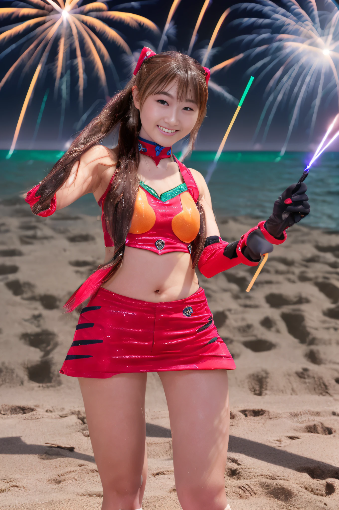 ((((full body focus))))、((18 years old))、(((Black theme)))、(((twin-tail hair)))、(((Hair that flutters in the wind)))、Photorealsitic、超A high resolution、Convoluted、ultra-detailliert、(dent in the skin)、Cute、Feminine、Detailed body、Medium chest、(A detailed face: 1.1)、(Outline of the iris)、(Hydrocore Lens)、(perfect eyes)、8K picture quality、16k picture quality、realisitic、Beautiful fece、(masterpiece: 1.2)、(top-quality:1.2)、wide-hips、slenderbody、Optimal ratio of 4 fingers to 1 thumb、(((Accurately depict limbs))))、(((Beach at night))、(((Lots of spectators)))、(((Fireworks in the night sky)))