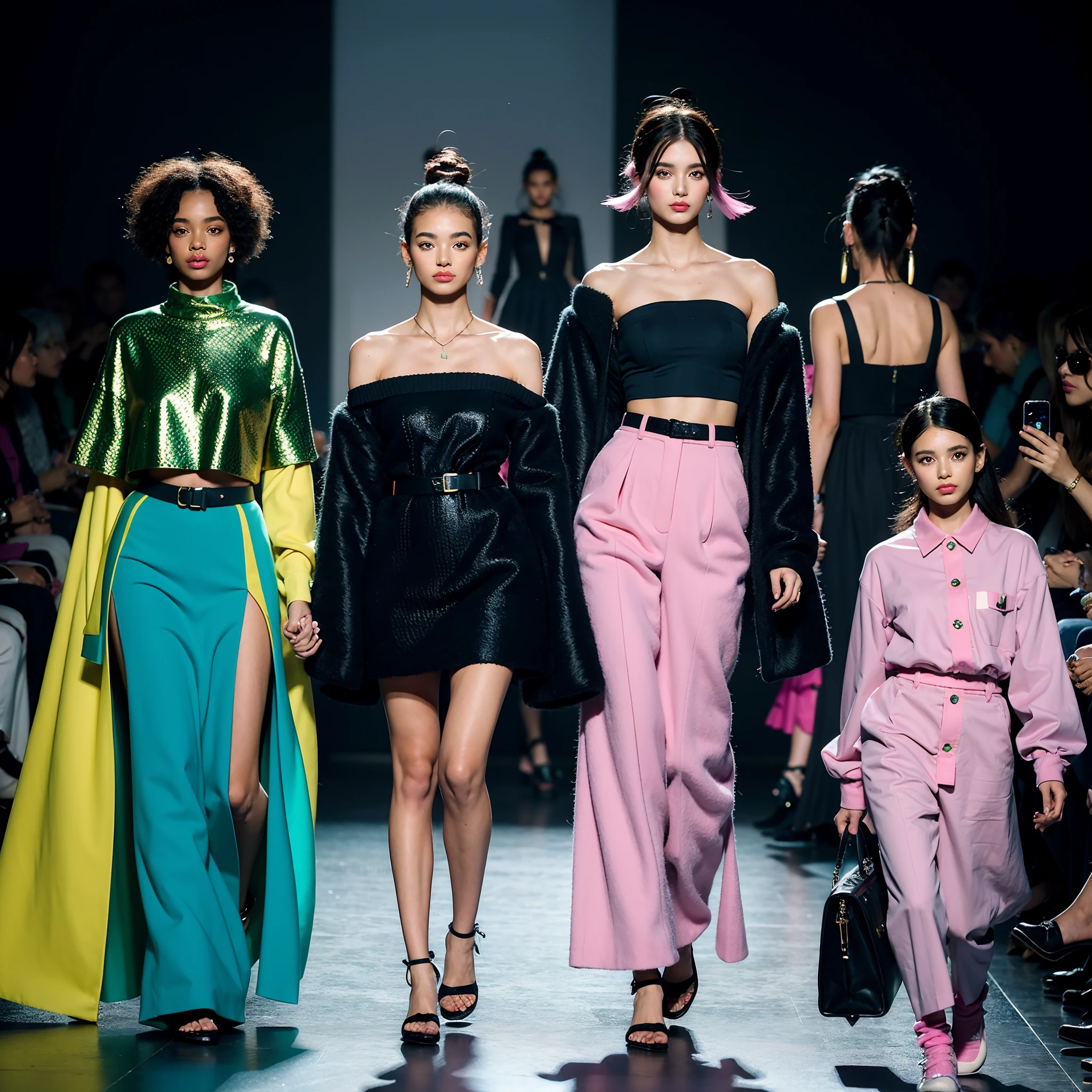 um desfile conceitual de moda, Fashion influencer trends, frequentadores urbanos, moda Blogueiro, patchwork, Parts with different details, (dark colors will be magenta, lavanda, terracota, turquesa, verde turquesa e pink barbie). roupas estampadas