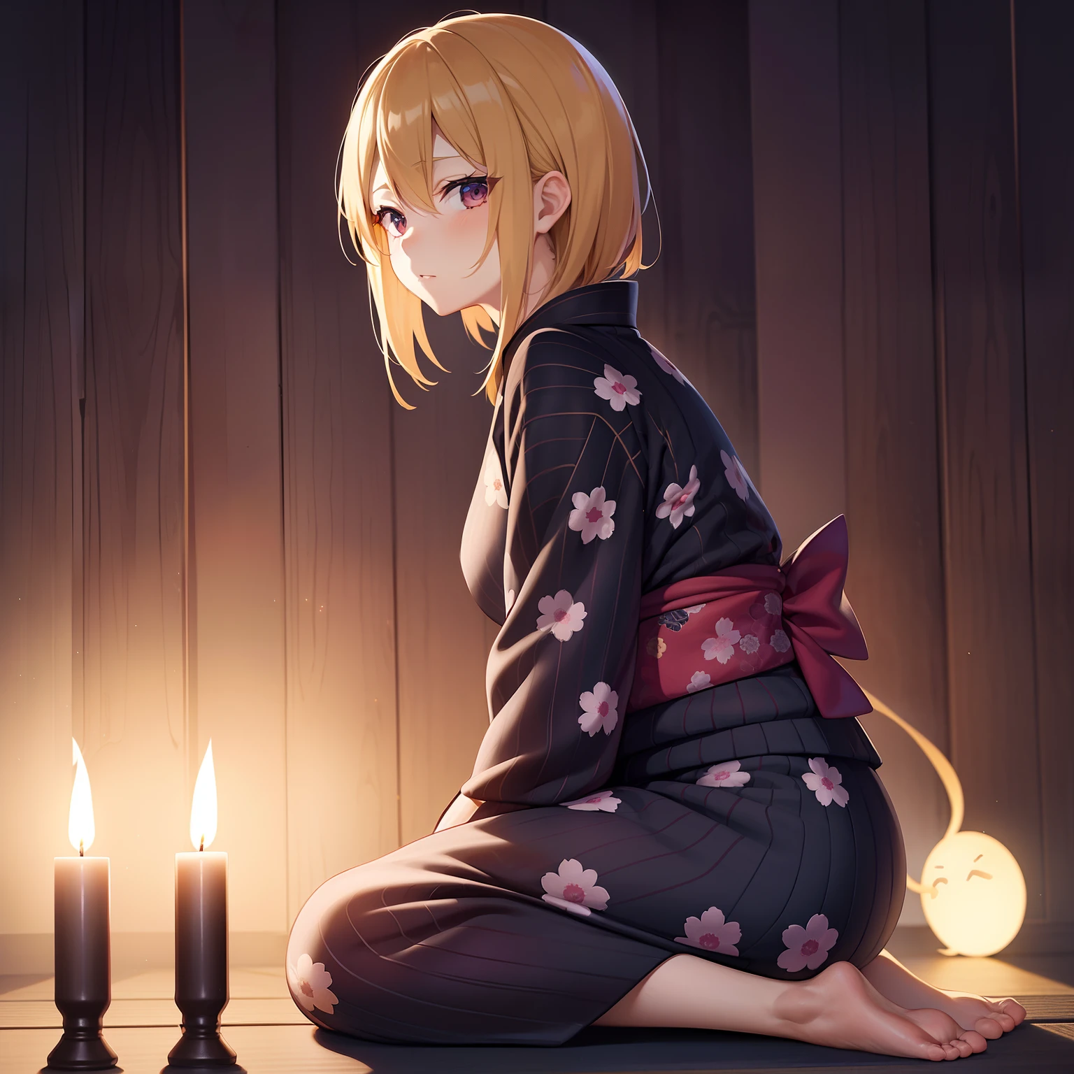 {{{{{masutepiece,Best Quality,ultra-detailliert}}}}},1 woman,sitting down on the floor,Tell ghost stories, Slouching, Beautiful dark room background,Close doors and windows,a dark night,No light,Beautiful Japan black floral pattern yukata,Side view,8K,1 candle,